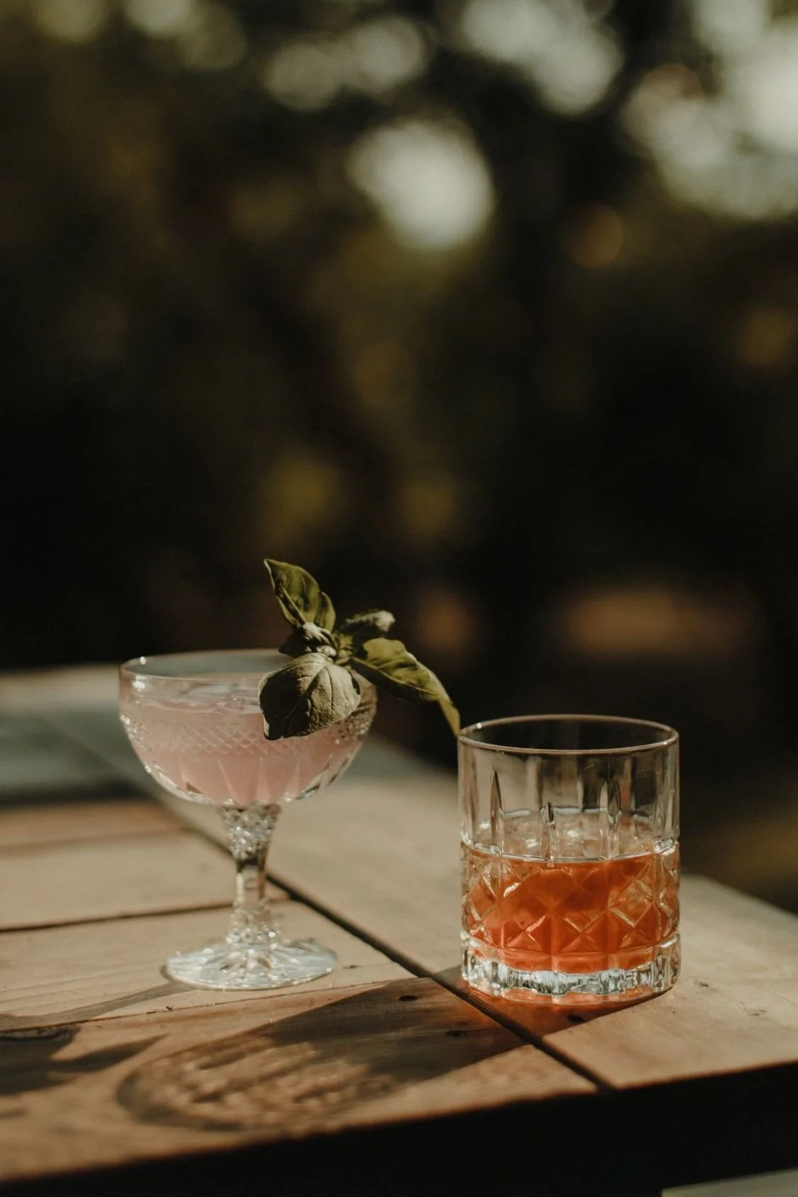 Craft cocktails served in vintage coupe and tumbler glasses by The Cabinet Mobile Bar's all-inclusive wedding package.