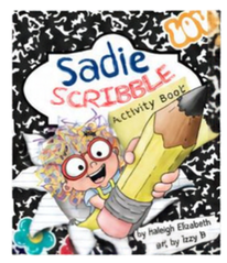 Book cover titled 'Sadie Scribble' showing a cartoon girl with curly hair, glasses, and a big smile holding a giant yellow pencil.