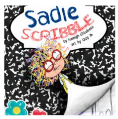 Cover of a book titled 'Sadie Scribble' featuring a cartoon girl with colorful curly hair, glasses, and a big red smile, sitting against a black and white patterned background.