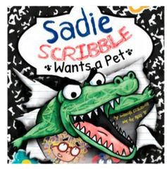Book cover titled 'Sadie Scribble Wants a Pet' featuring a cartoon girl, a green crocodile with big eyes, sharp teeth, and a yellow toy bone in its mouth, against a black and white patterned background.