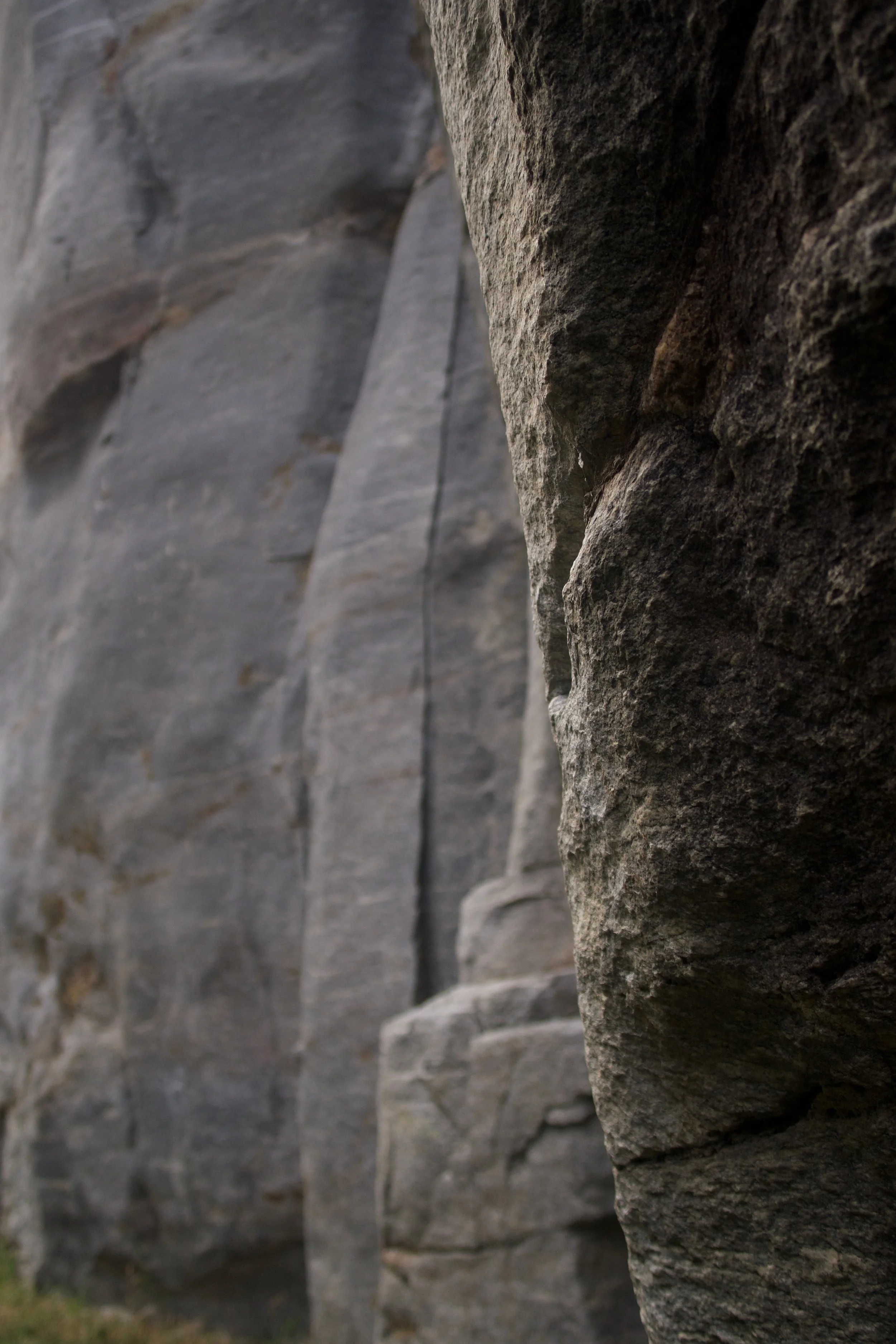 Felswand mit verschiedenen Textur- und Farbstrukturen in einer natürlichen Umgebung.