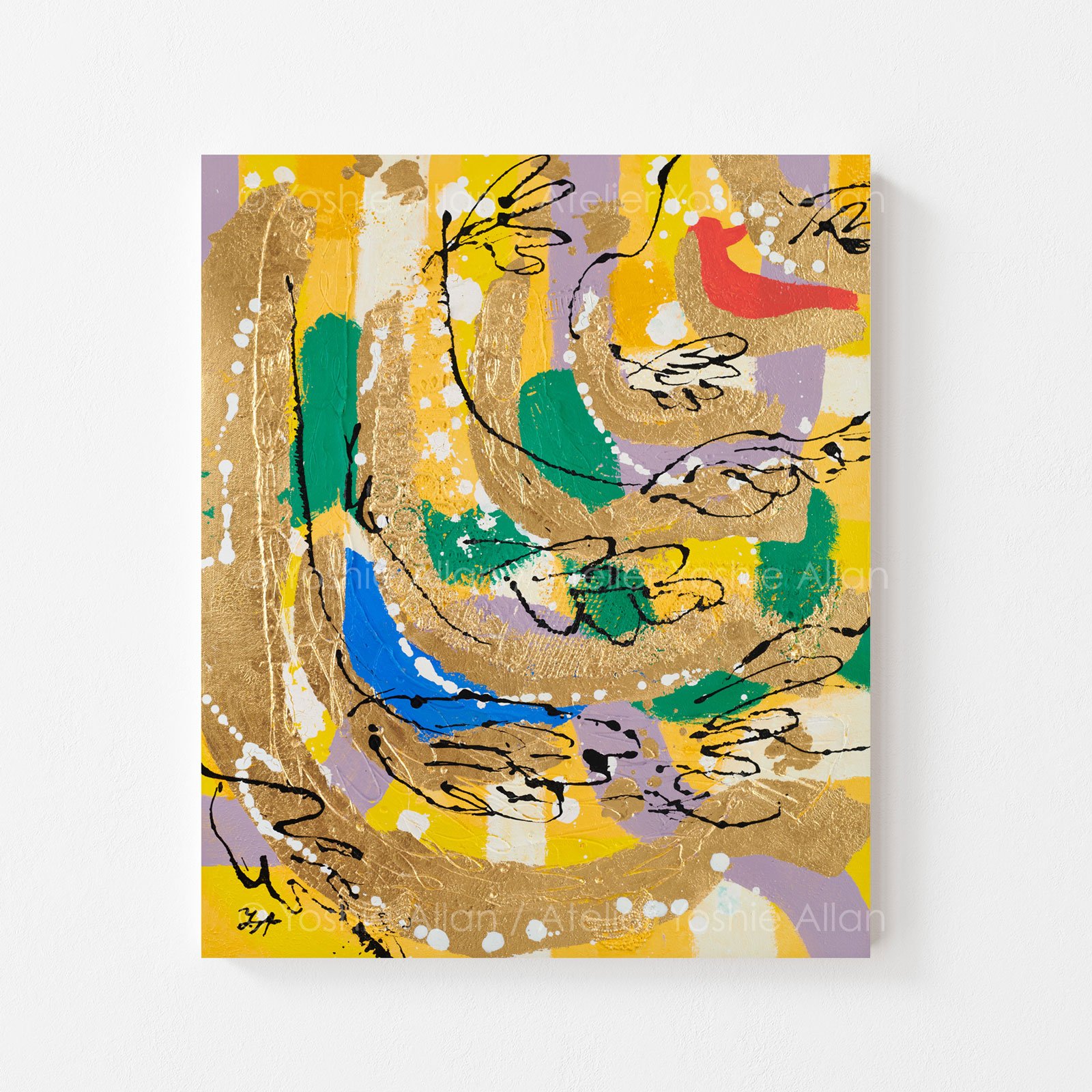 'Hide & Seek in Dreamscape: Birds'
Acrylic, modeling paste, fabric, aluminum leaf, and ink on canvas. 51 x 61 x 2 cm (2024)