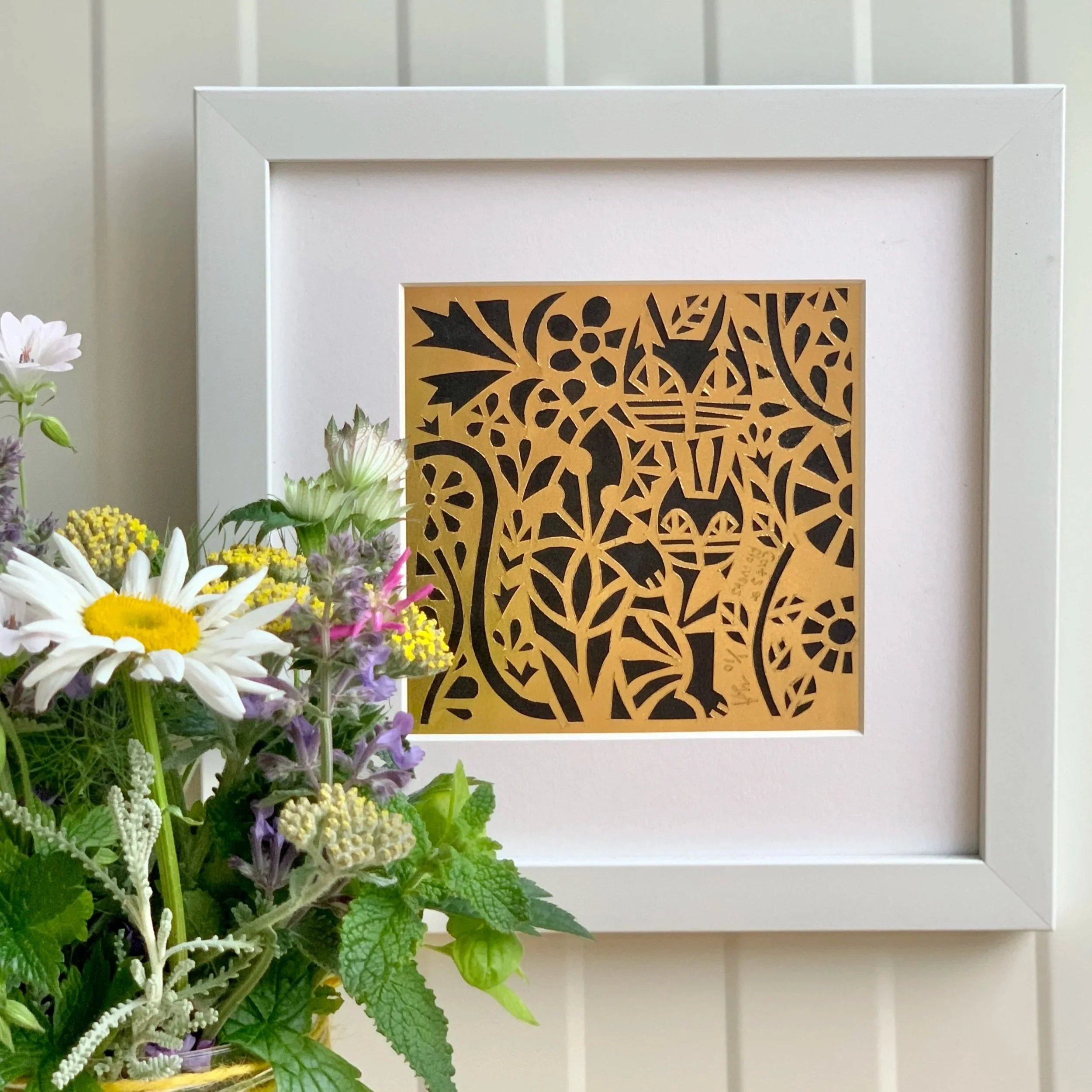 Cats & Flowers — Japanese Gold-Paper Cut Works
