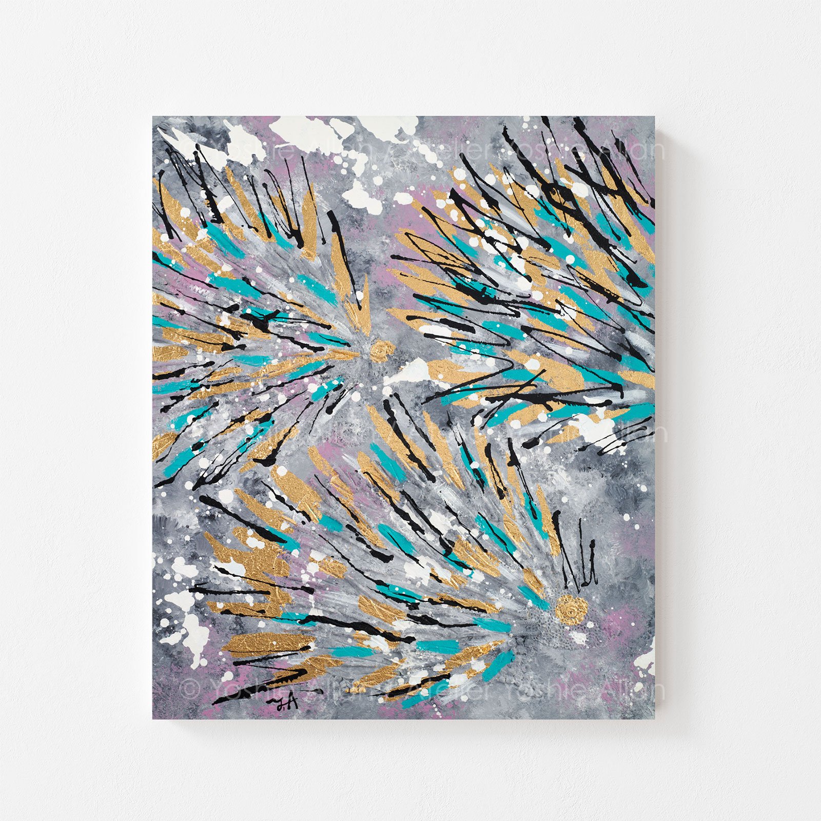 'Hide & Seek in Dreamscape: Hedgehogs'
Acrylic, modeling paste, fabric, aluminum leaf, and ink on canvas. 51 x 61 x 2 cm (2024)