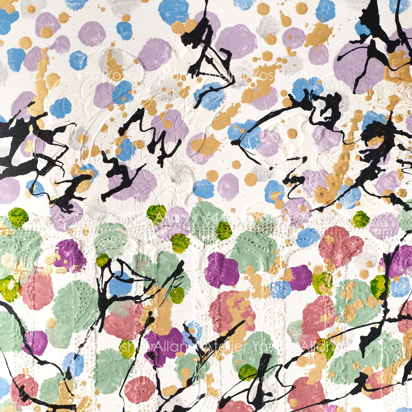 'Hide & Seek in Dreamscape: Squirrels' (Detail)
Acrylic, modeling paste, fabric, aluminum leaf, and ink on canvas. 51 x 61 x 2 cm (2024)