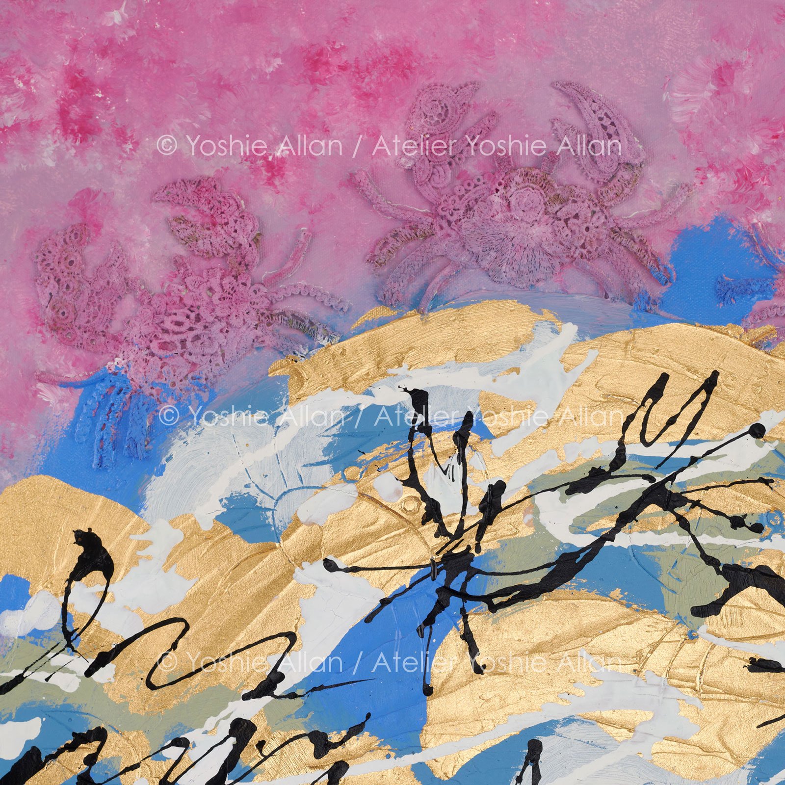 'Hide & Seek in Dreamscape: Crabs' (Detail)
Acrylic, modeling paste, fabric, aluminum leaf, and ink on canvas. 51 x 61 x 2 cm (2024)