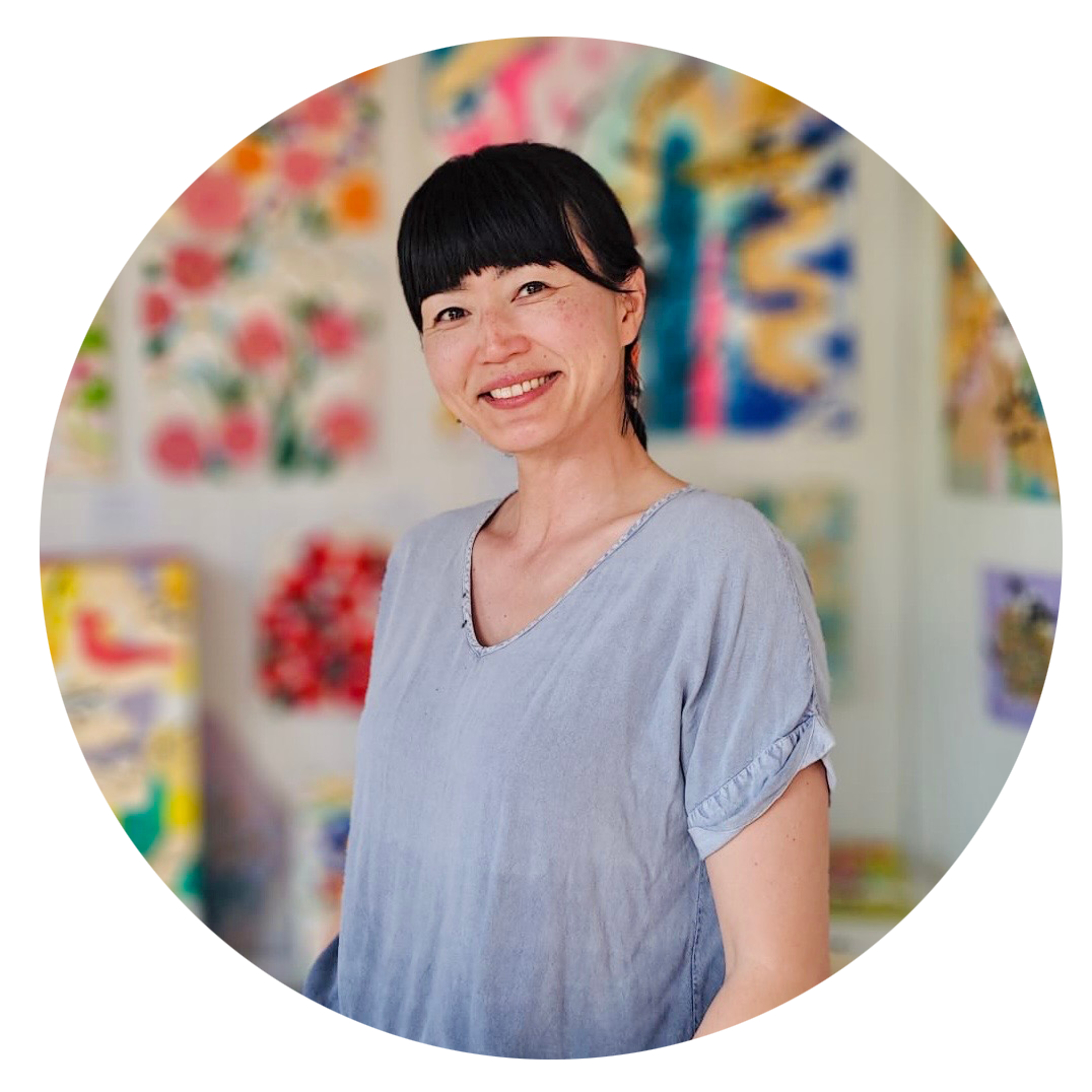 Mixed media artist and illustrator Yoshie Allan, in her atelier, UK.