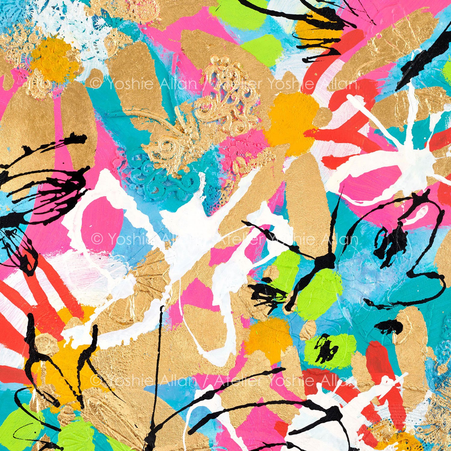 'Hide & Seek in Dreamscape: Butterflies' (Detail)
Acrylic, modeling paste, fabric, aluminum leaf, and ink on canvas. 51 x 61 x 2 cm (2024)