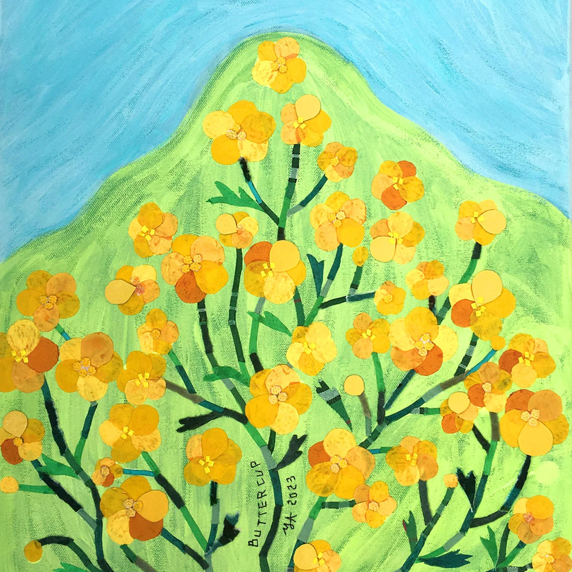 Buttercup– Fabric collage and acrylic on canvas.