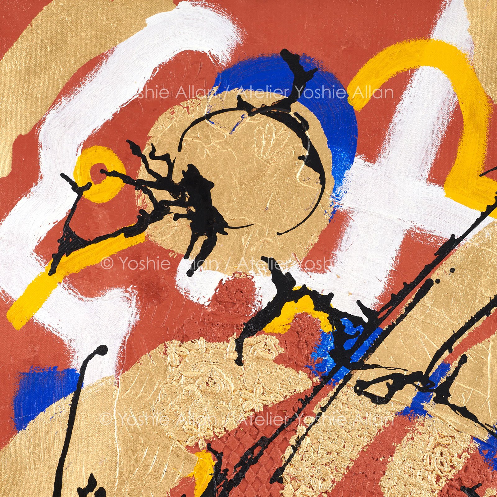 'Hide & Seek in Dreamscape: Bears' (Detail)
Acrylic, modeling paste, fabric, aluminum leaf, and ink on canvas. 51 x 61 x 2 cm (2024)