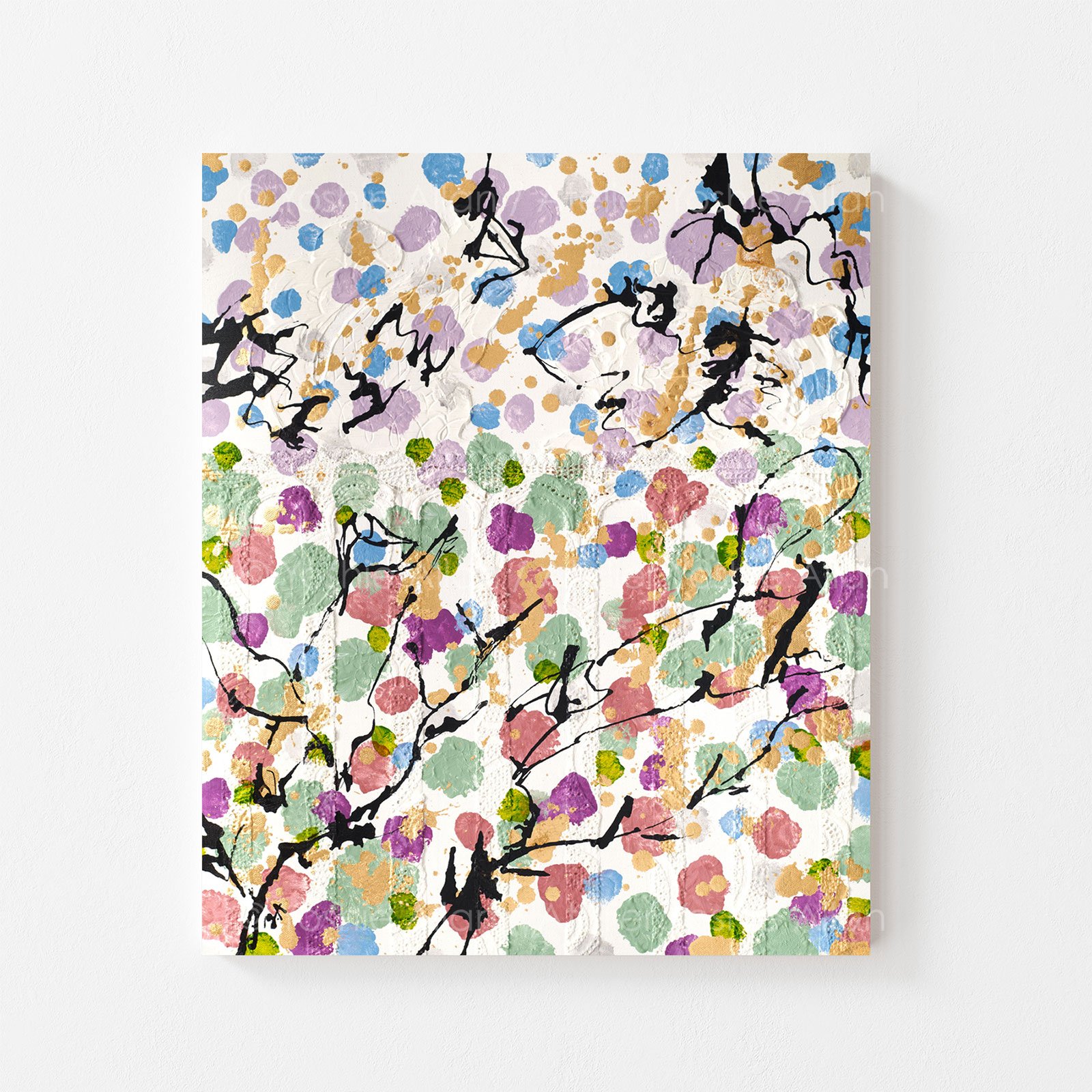 'Hide & Seek in Dreamscape: Squirrels'
Acrylic, modeling paste, fabric, aluminum leaf, and ink on canvas. 51 x 61 x 2 cm (2024)