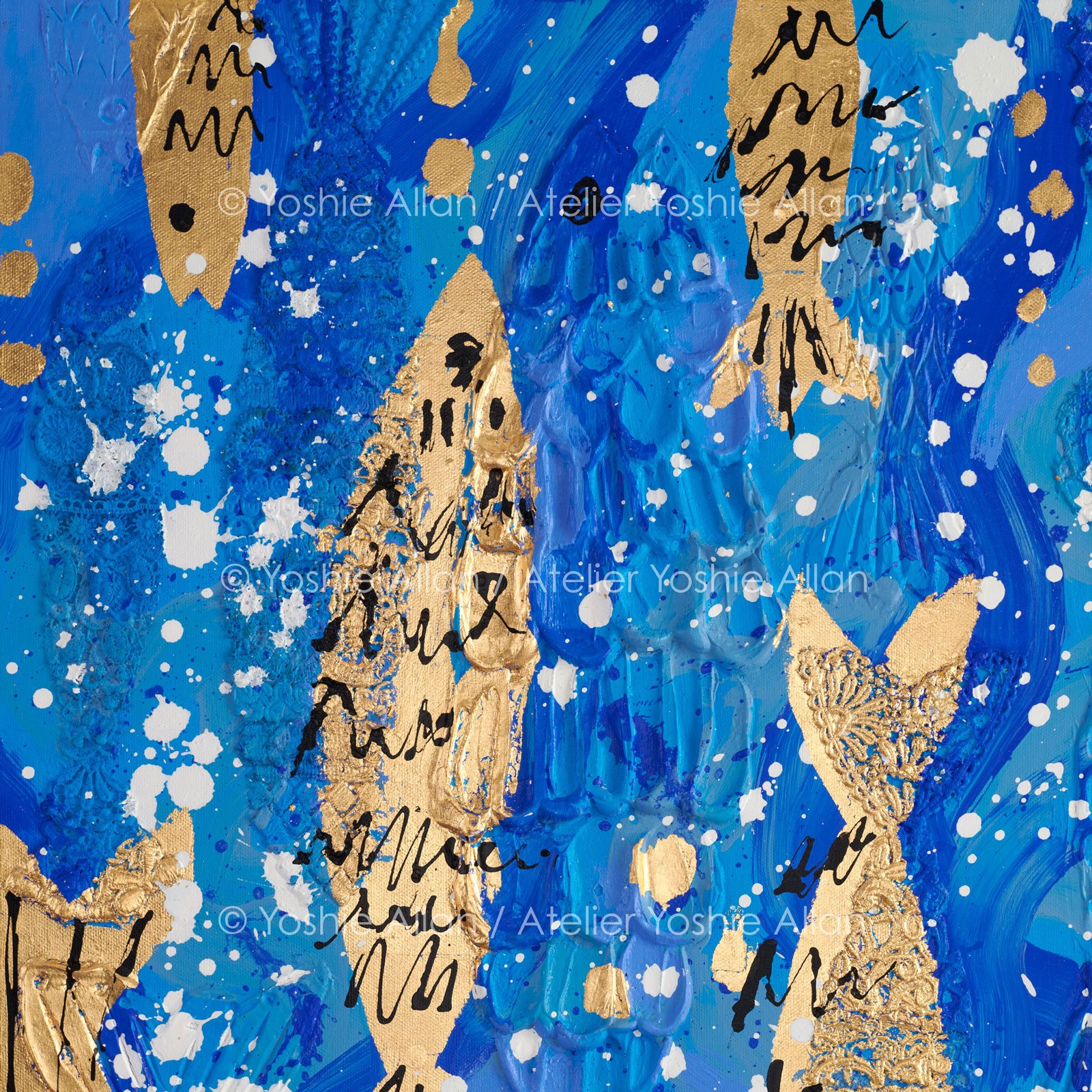 'Hide & Seek in Dreamscape: Fish' (Detail)
Acrylic, modeling paste, fabric, aluminum leaf, and ink on canvas. 51 x 61 x 2 cm (2024)