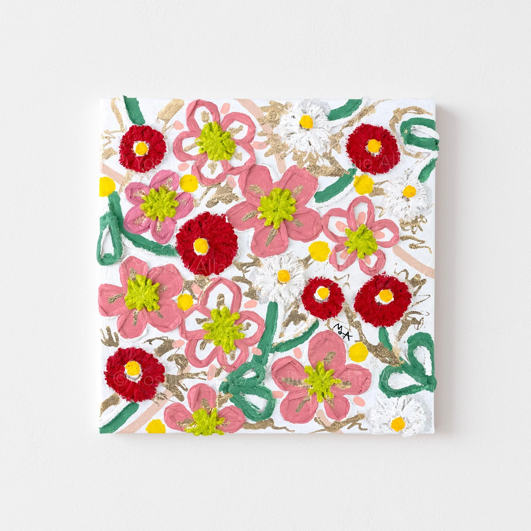 'Flowers in Rhythm 02' Acrylic, modelling paste, fabric, gold metal leaf on canvas. 30 x 30 x 2 cm (2025), featuring hellebore and bellis.
