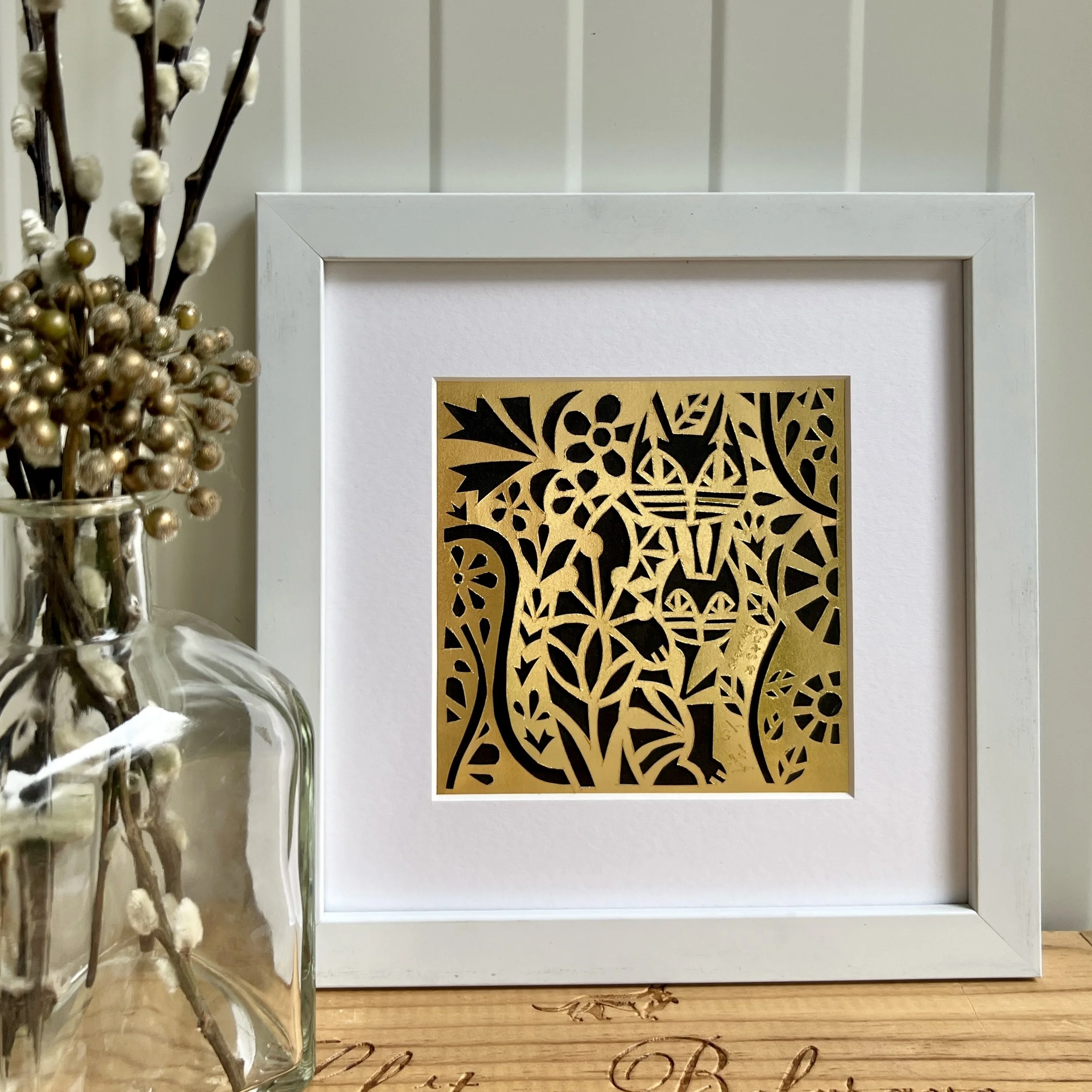 Cats & Flowers — Limited Edition Japanese Gold-Paper Cutting