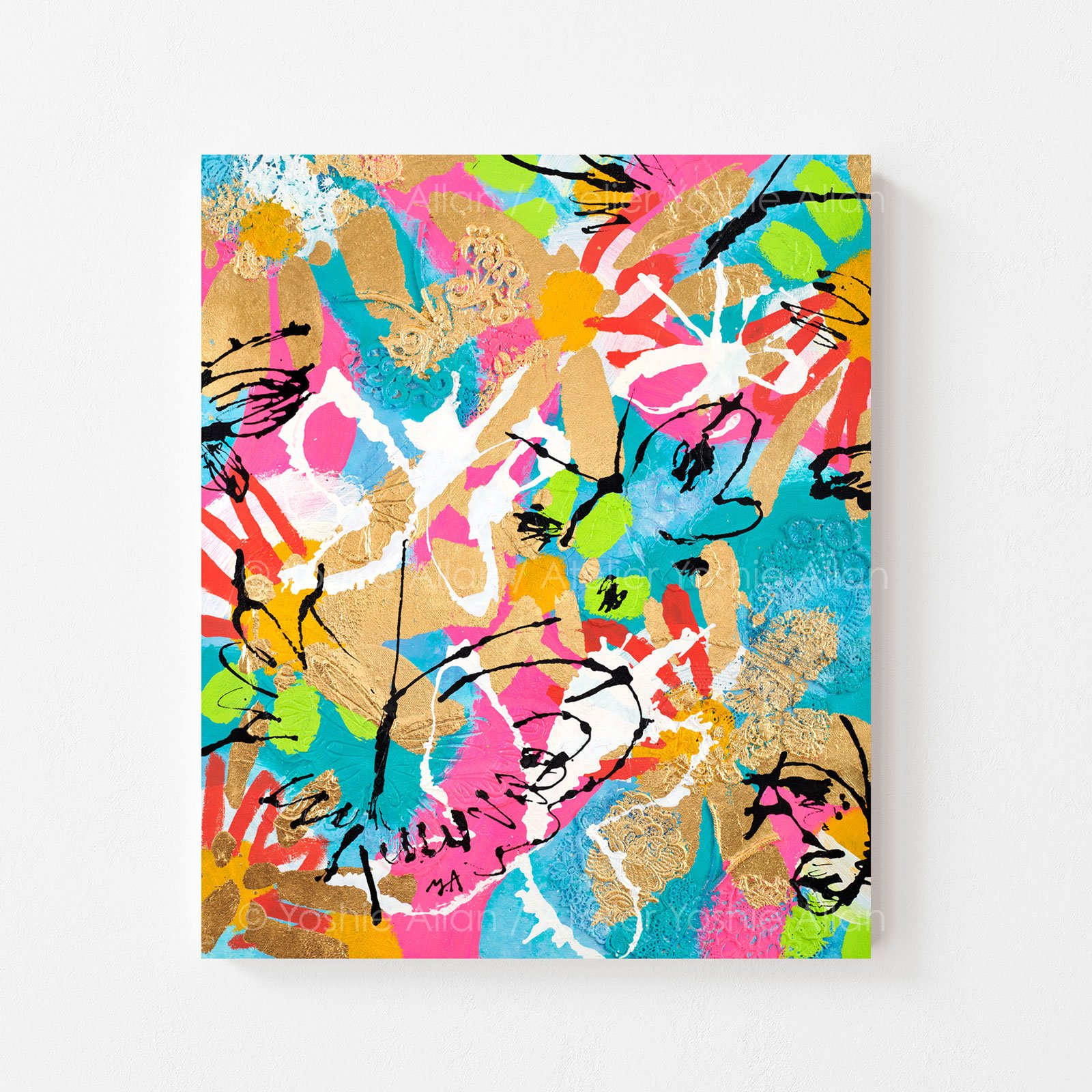 'Hide & Seek in Dreamscape: Butterflies'
Acrylic, modeling paste, fabric, aluminum leaf, and ink on canvas. 51 x 61 x 2 cm (2024)