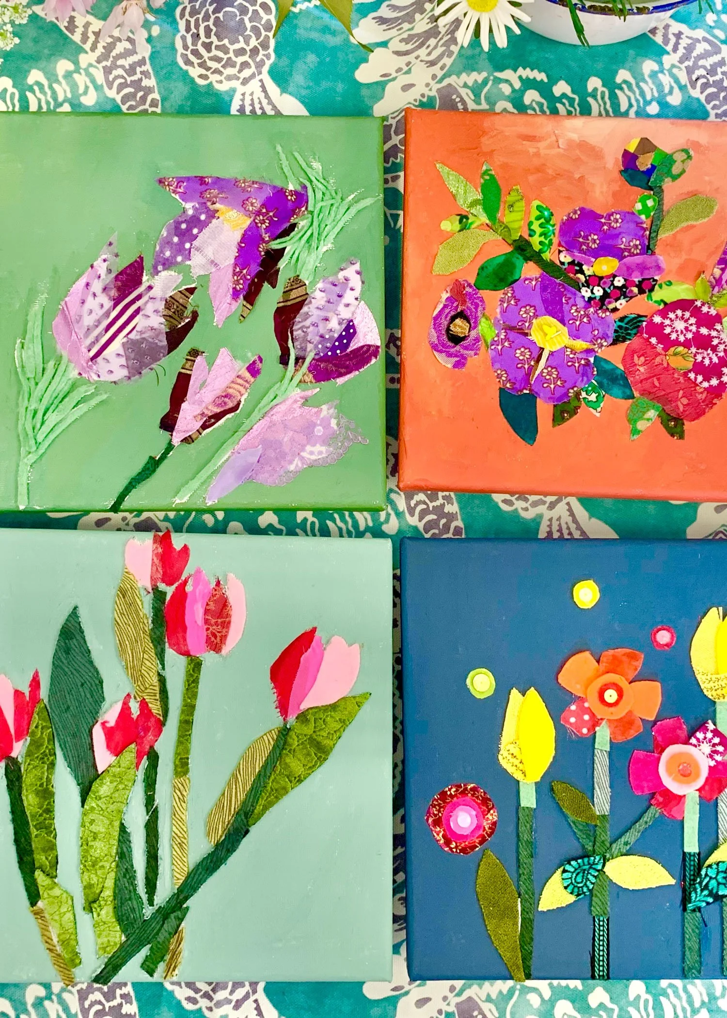 yoshie allan's art workshop image - attendee's finished artwork of fabric collage flower at Triangle Garden, Hitchin Hertfordshire UK.