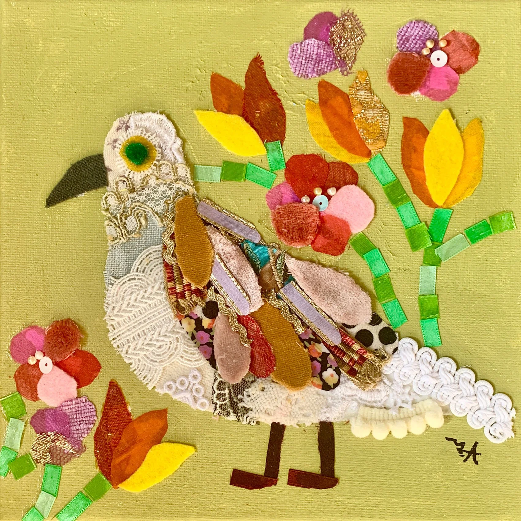 Flower & Bird — Fabric collage and acrylic on canvas