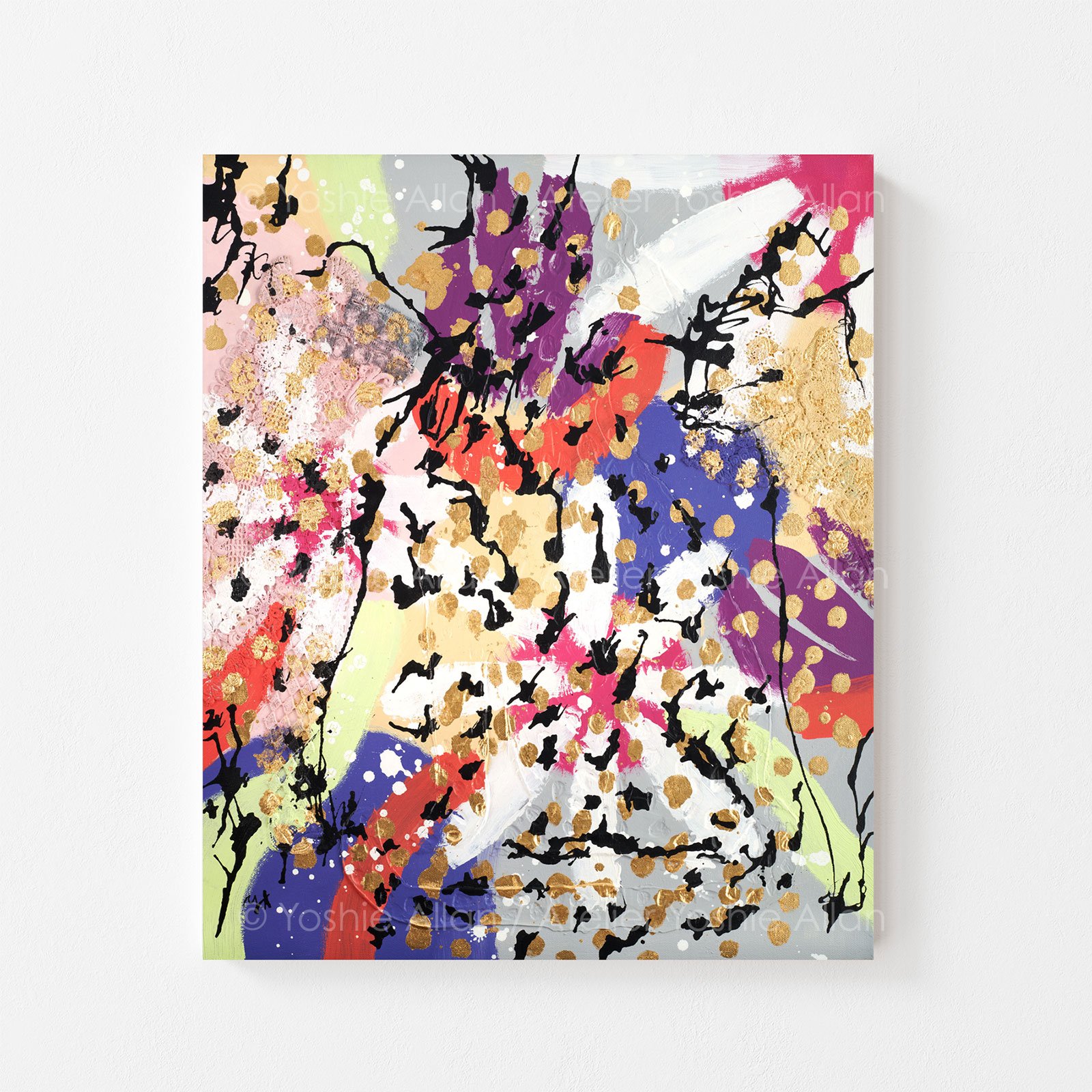 'Hide & Seek in Dreamscape: Leopards'
Acrylic, modeling paste, fabric, aluminum leaf, and ink on canvas. 51 x 61 x 2 cm (2024)