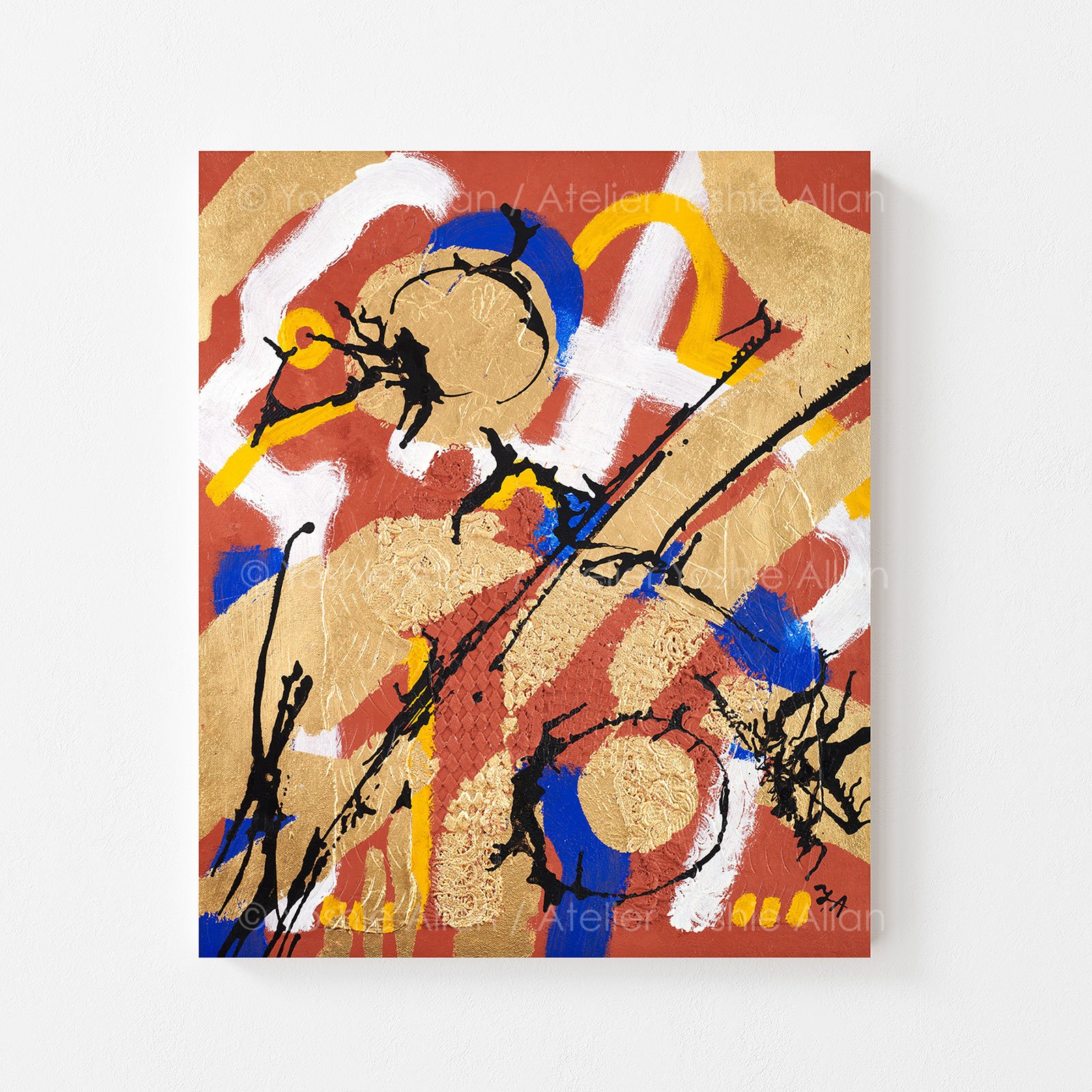 'Hide & Seek in Dreamscape: Bears'
Acrylic, modeling paste, fabric, aluminum leaf, and ink on canvas. 51 x 61 x 2 cm (2024)