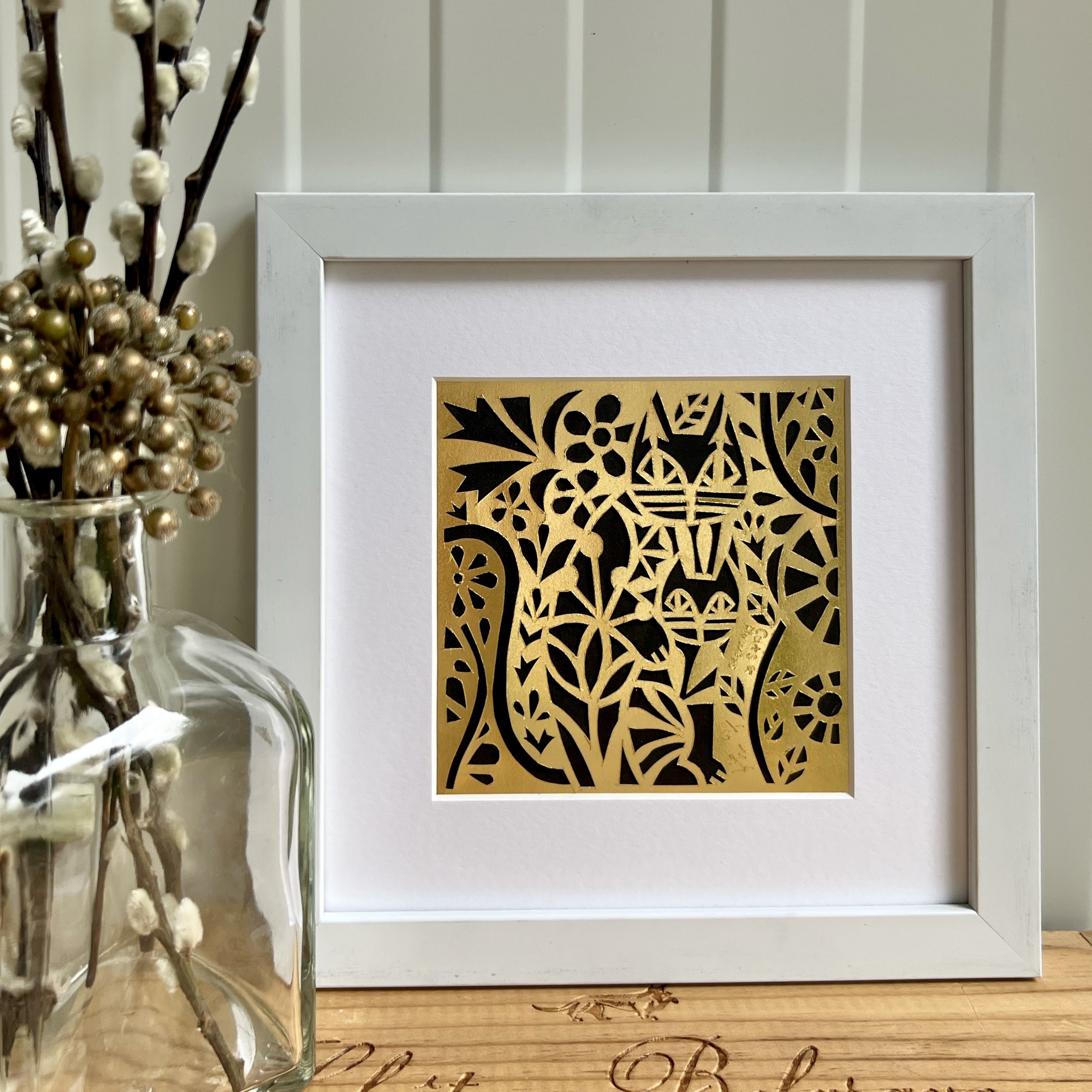 'Cats & Flowers' Paper cutting on Japanese brass leaf paper. 13 x 13cm (2024)