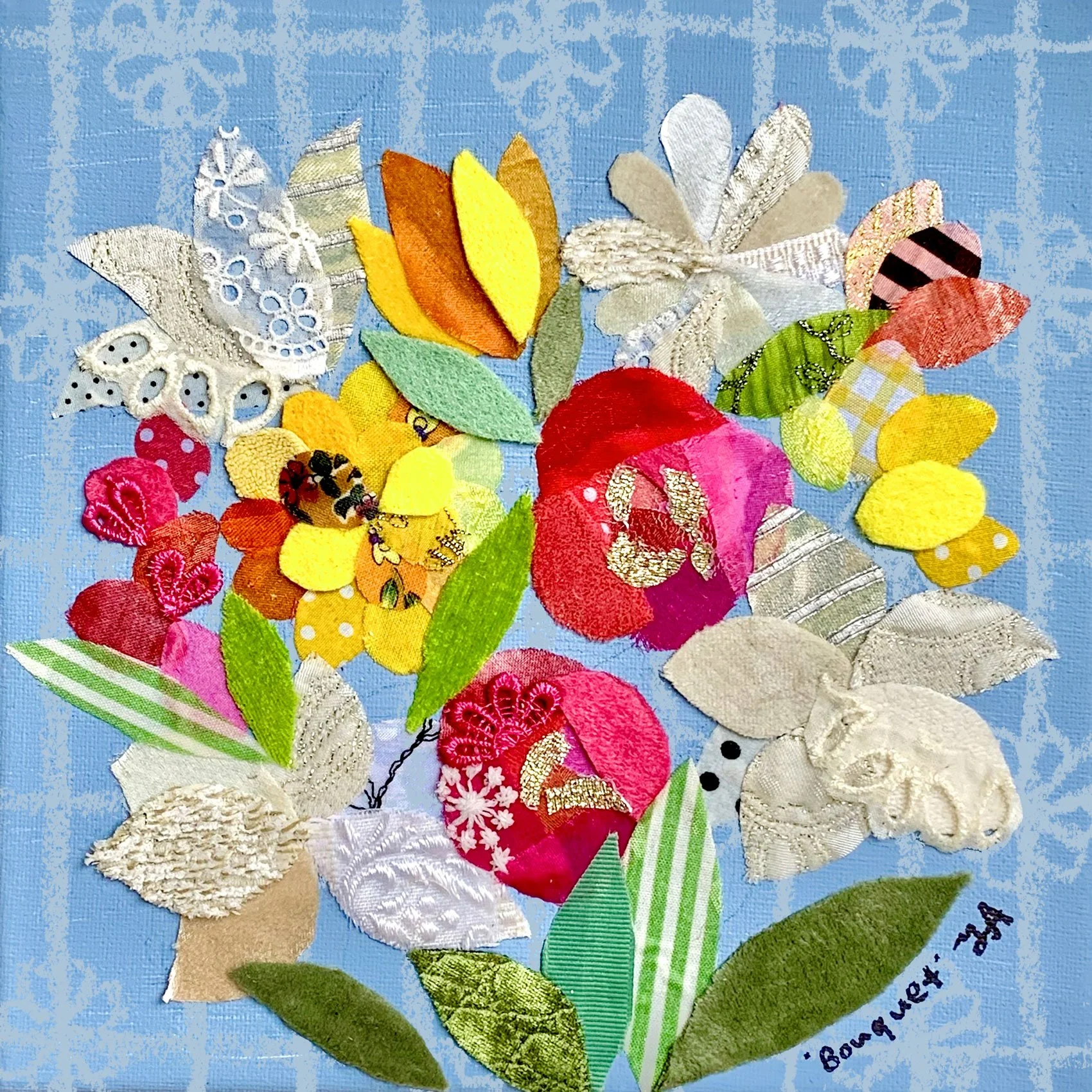 Bouquet — Fabric collage and acrylic on canvas, finalised digitally.