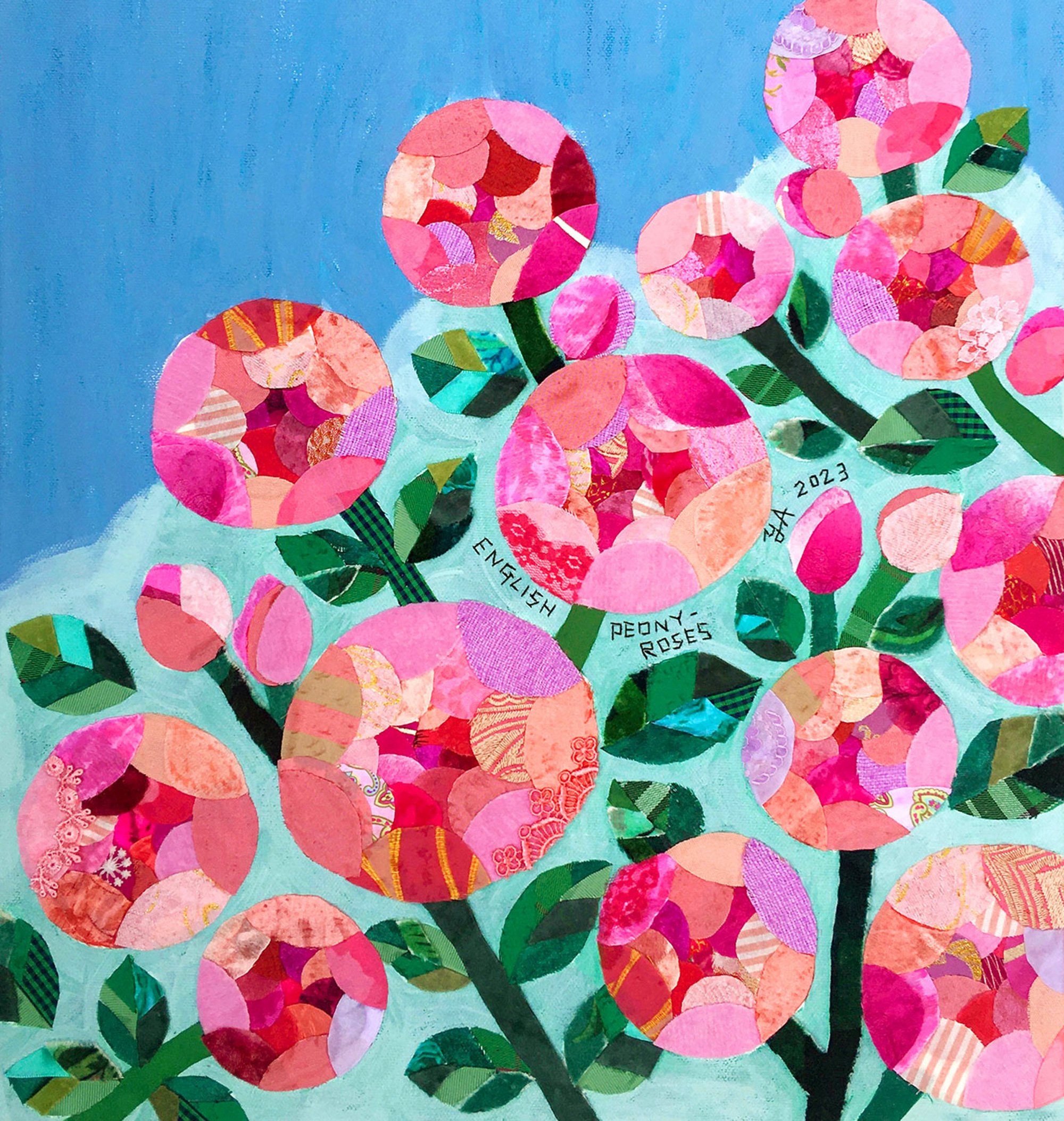 English Peony Rose – Fabric collage and acrylic on canvas