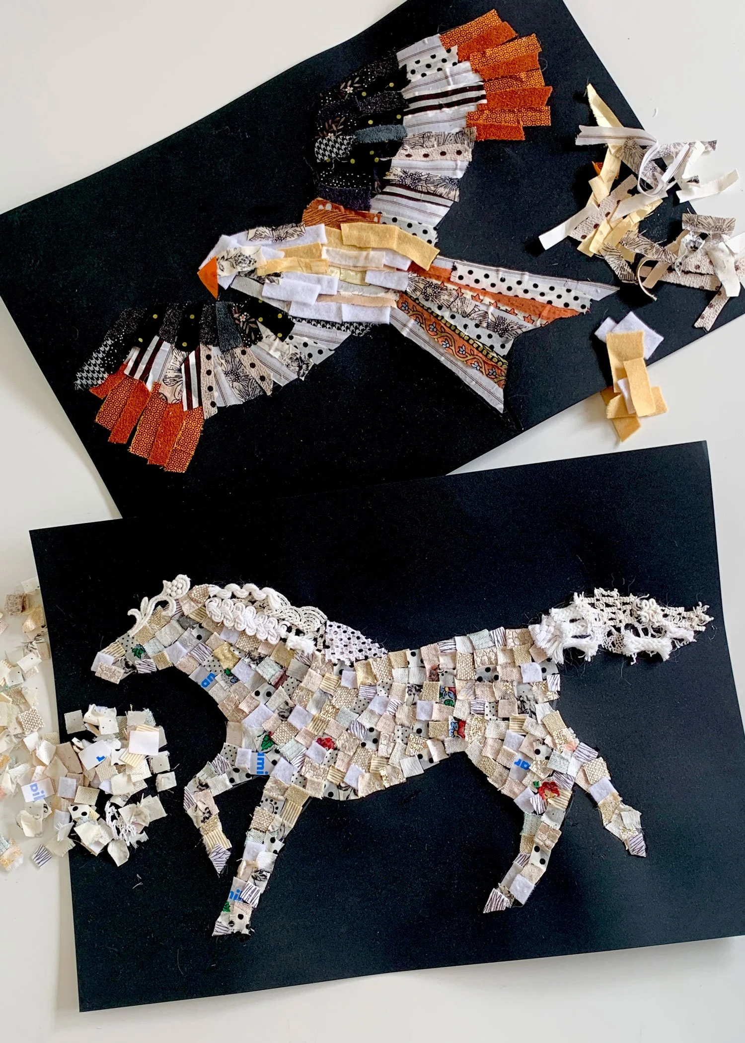 yoshie allan's art workshop sample image - fabric collage animals for play! discover! share! summer family workshop programme at Broadway Gallery, Letchworth Hertfordshire UK.