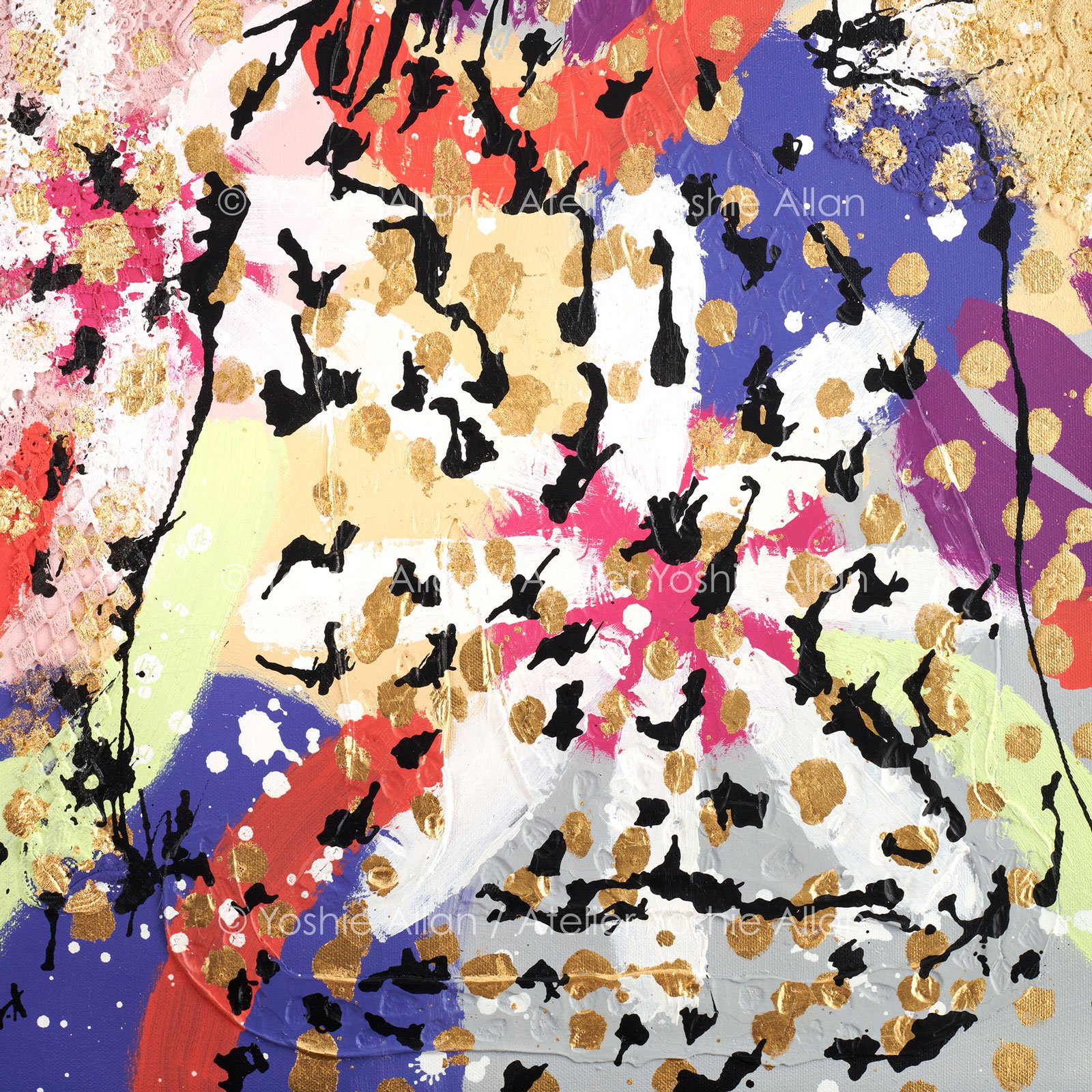 'Hide & Seek in Dreamscape: Leopards' (Detail)
Acrylic, modeling paste, fabric, aluminum leaf, and ink on canvas. 51 x 61 x 2 cm (2024)