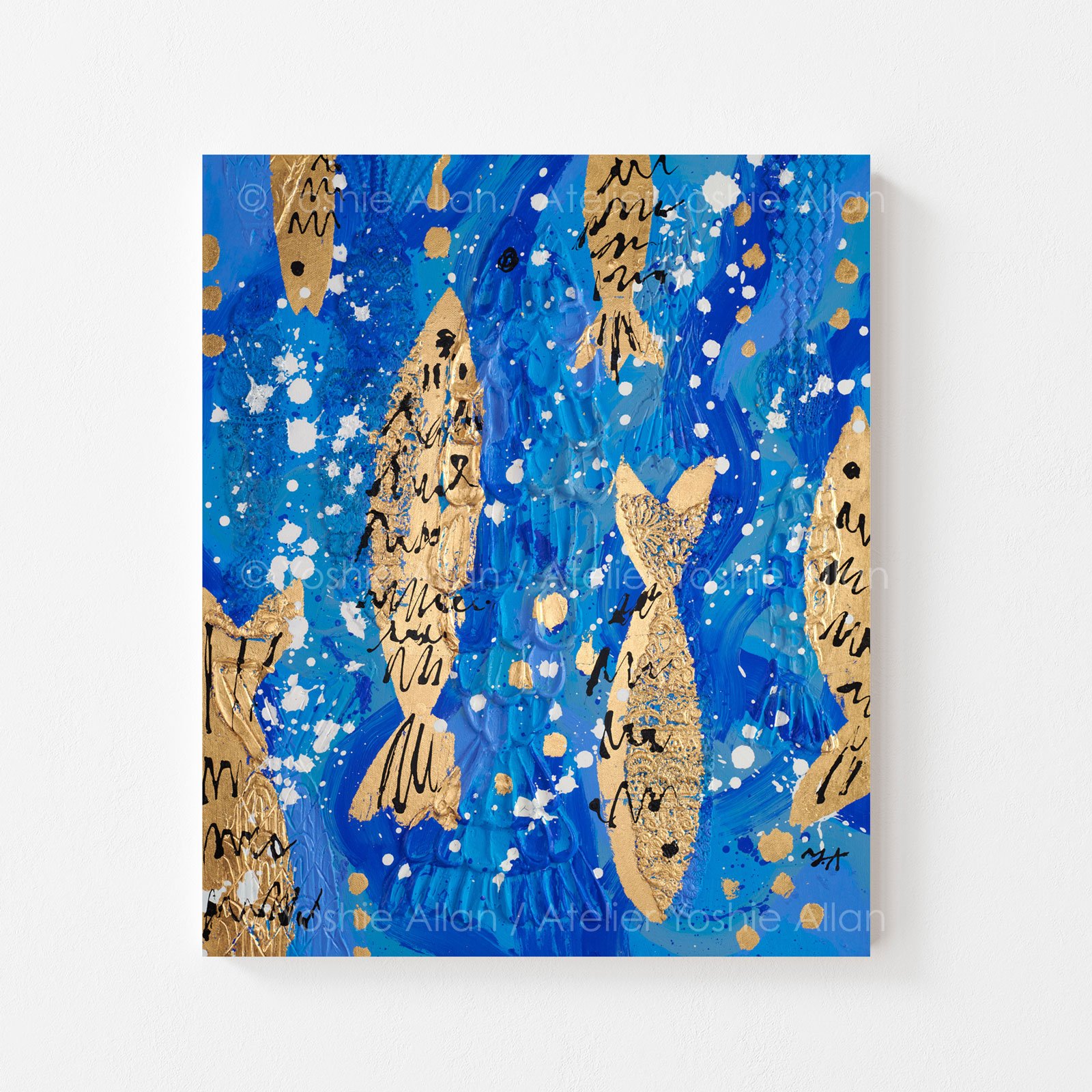 'Hide & Seek in Dreamscape: Fish'
Acrylic, modeling paste, fabric, aluminum leaf, and ink on canvas. 51 x 61 x 2 cm (2024)