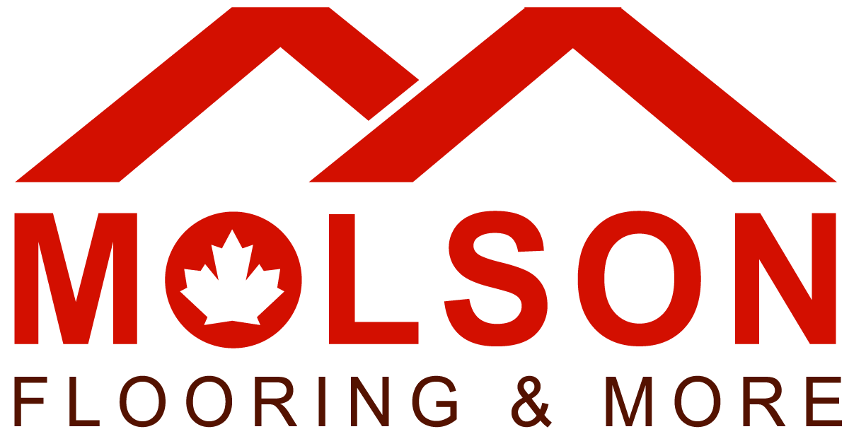 Logo for Molson Flooring & More with two stylized red rooftops and a black maple leaf in the letter O.