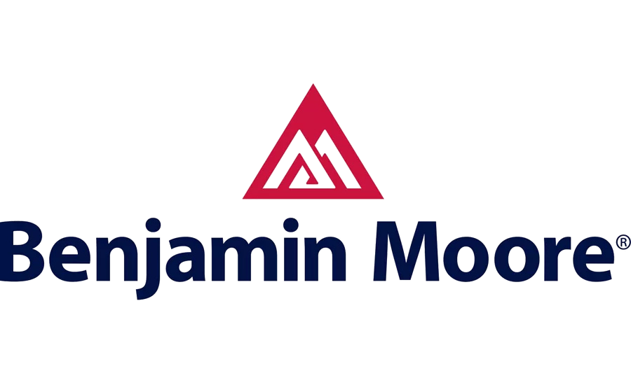 Benjamin Moore logo with blue text and a red mountain-like symbol above.