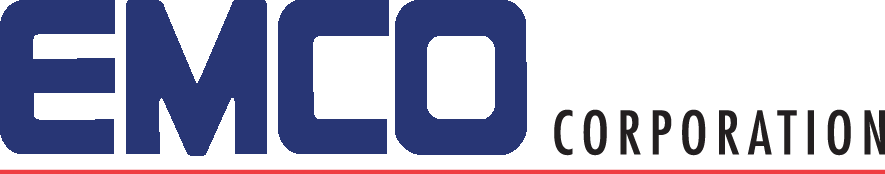 Logo of EMCO Corporation with large blue letters and smaller black text.