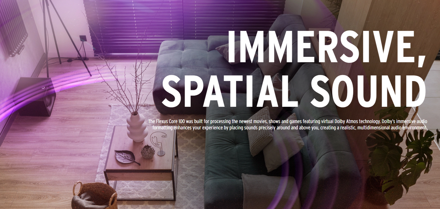 Screen grab of Klipsch Flexus website with headline, "Immersive, Spatial Sound"