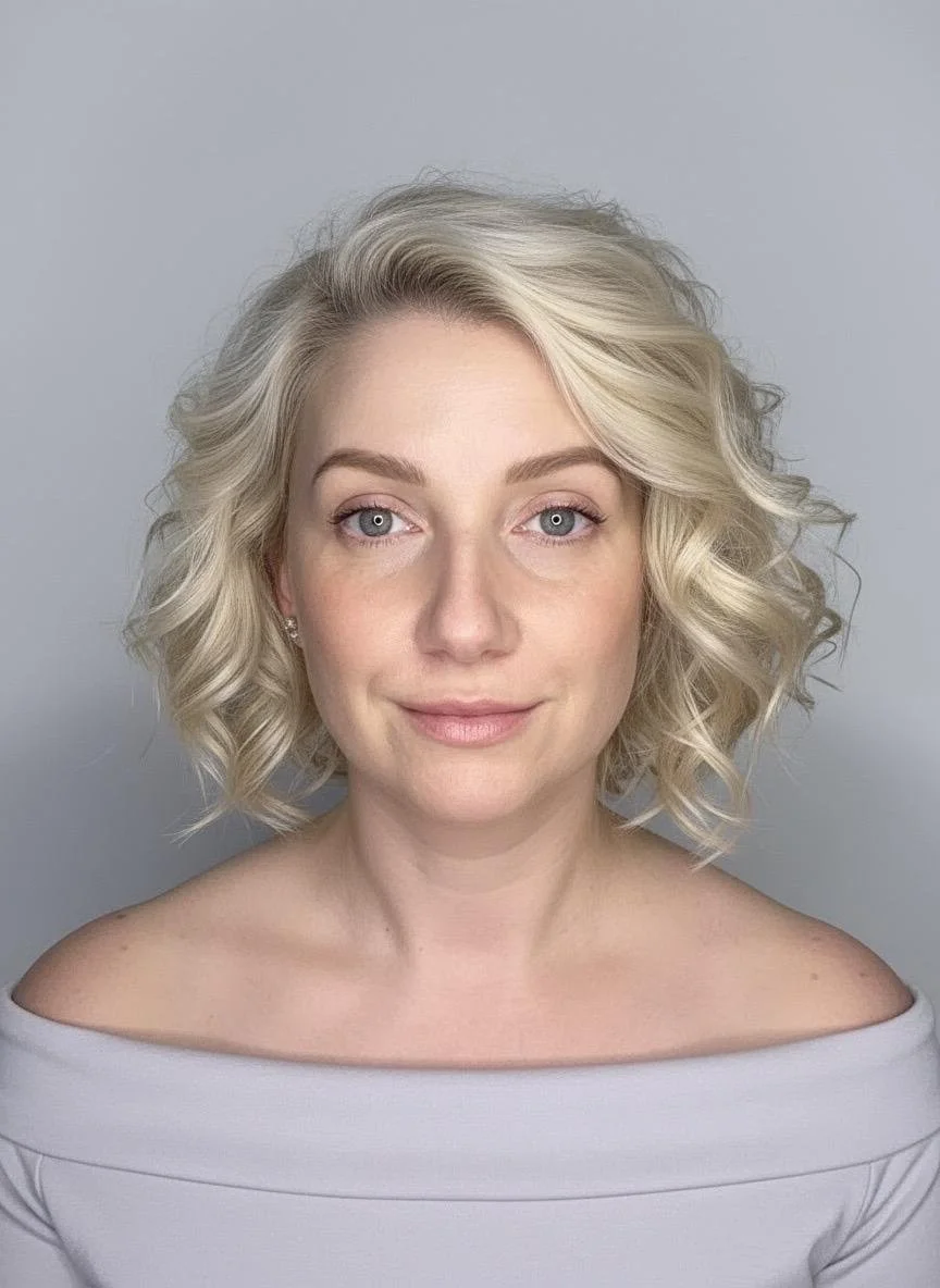 Close-up portrait of a woman with short, wavy blonde hair, blue eyes, and light makeup, wearing an off-the-shoulder white top against a plain light gray background.