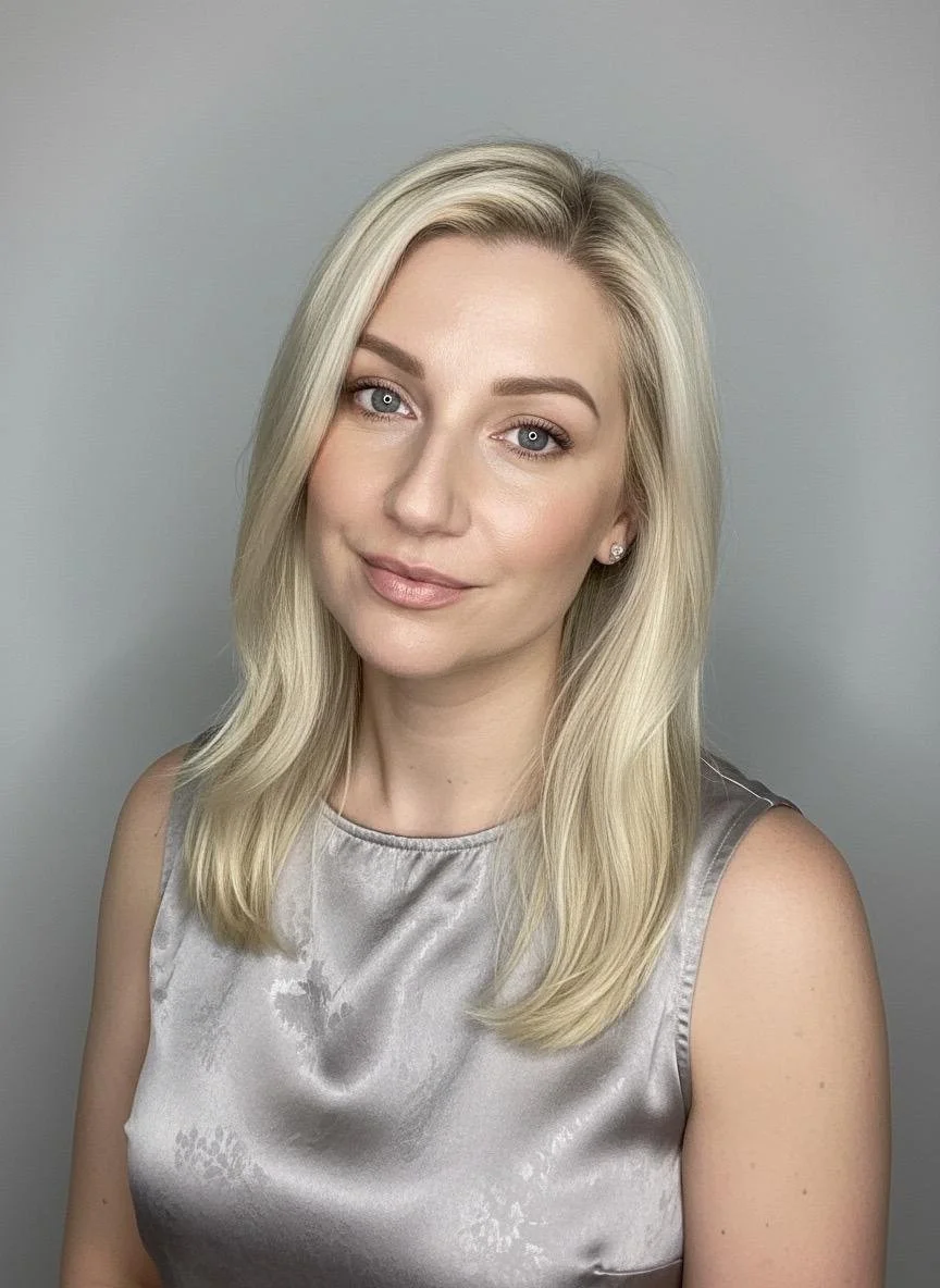 A young blonde woman with blue eyes and light makeup, wearing a sleeveless gray satin top, smiling slightly against a plain gray background.
