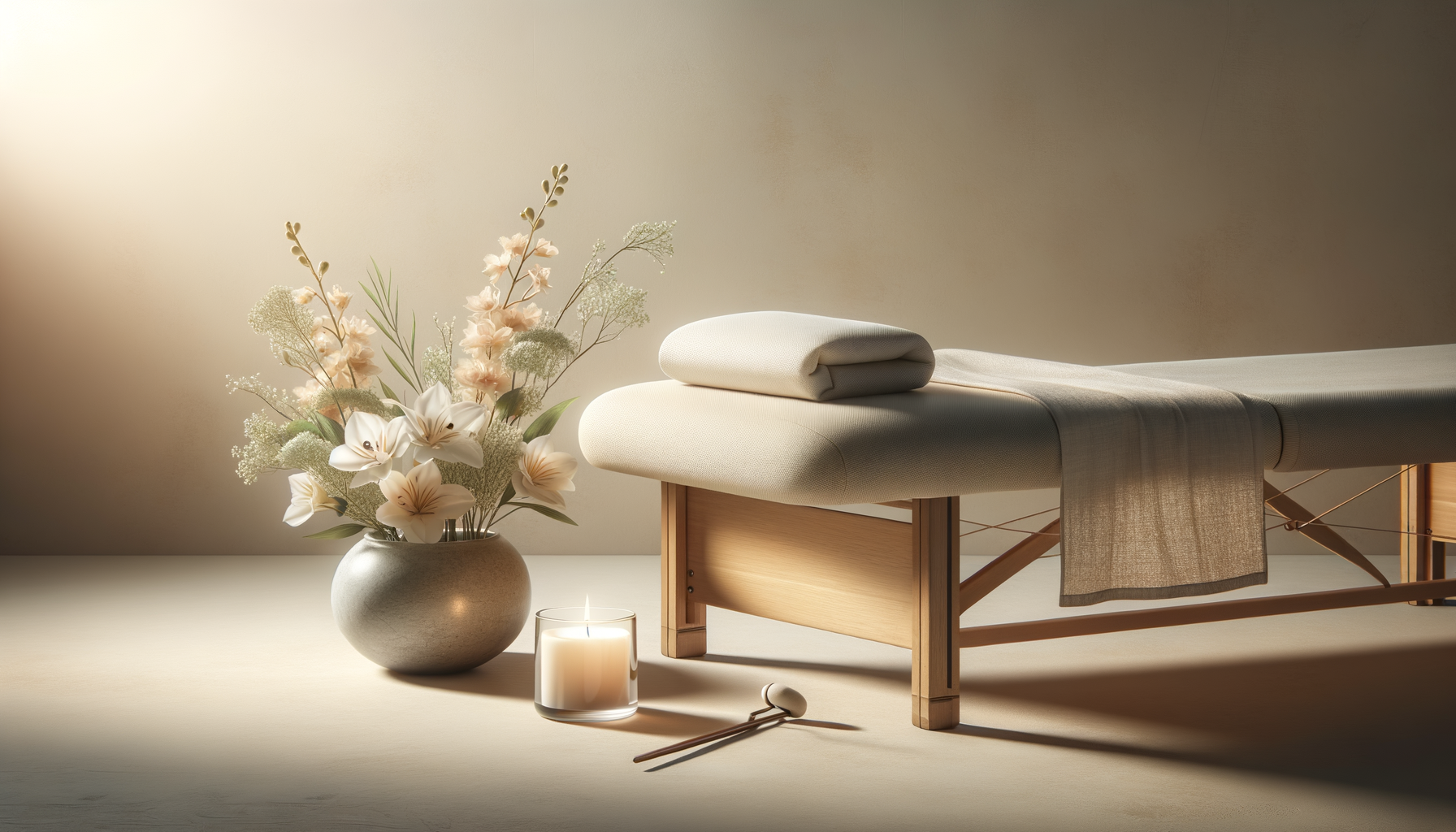 A relaxing massage table with white linens, a rolled towel, and a beige cloth, next to a vase of white and pink flowers, a lit candle, and a massage tool, set in a softly lit room.