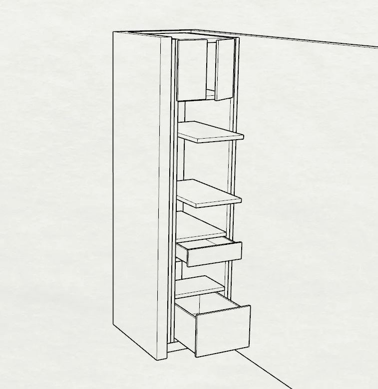 Three CAD renderings developed in Rhino to translate client needs into tangible design concepts&mdash;providing clear visual fodder for review, discussion, and iterative refinement of cabinet balance, proportion, and overall aesthetic.

Designing at 