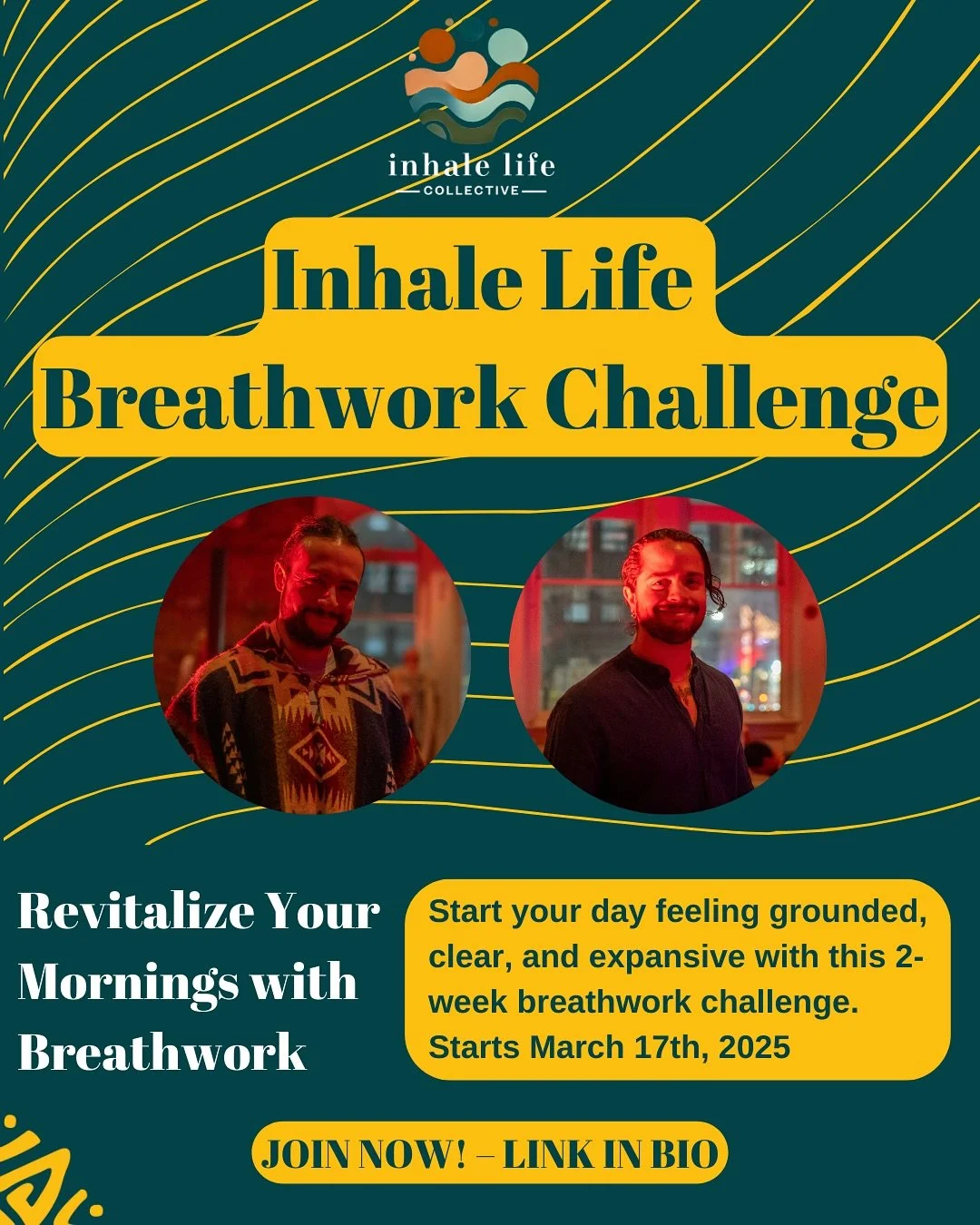 Les presentamos: Inhale Life Breathwork Challenge !!!

Revitalize your mornings with a 2-week guided breathwork journey. Join us from March 17th for daily morning sessions designed to help you feel grounded, clear, and expansive.

What you&rsquo;ll g