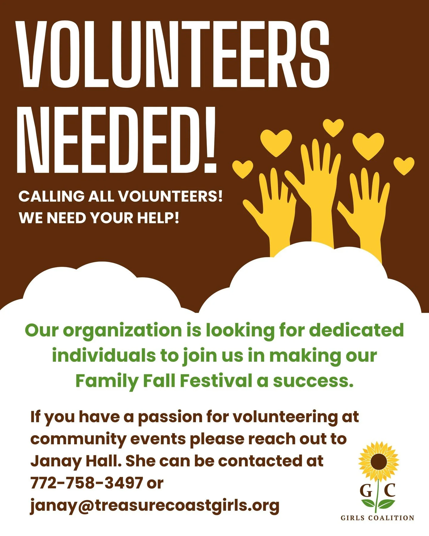 📣 We Need Volunteers! 📣

Treasure Coast Girls Coalition is looking for amazing volunteers to help us make our Family Fun Fest a huge success! 

📅 Date: Saturday, October 26th
🕙 Time: 10 AM &ndash; 6 PM
📍 Location: Vero Beach Heritage Center

Thi