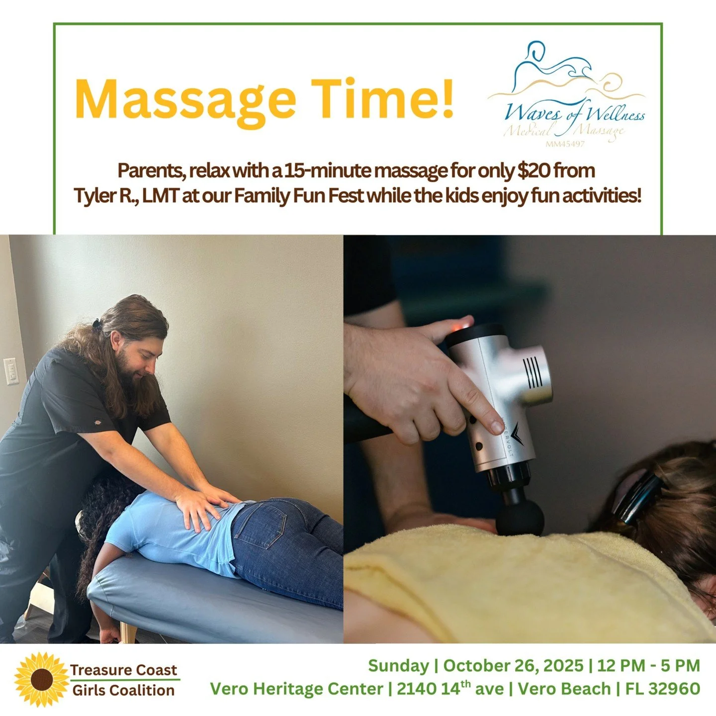 💆&zwj;♀️Relax while the kids play!💆&zwj;♂️

Waves of Wellness Medical Massages of Vero Beach will be at TCGC&rsquo;s Family Fun Fest giving out 15-minute massages for just $20! 

📅 Sunday, October 26th
🕛 12 PM &ndash; 5 PM
📍 Vero Heritage Center