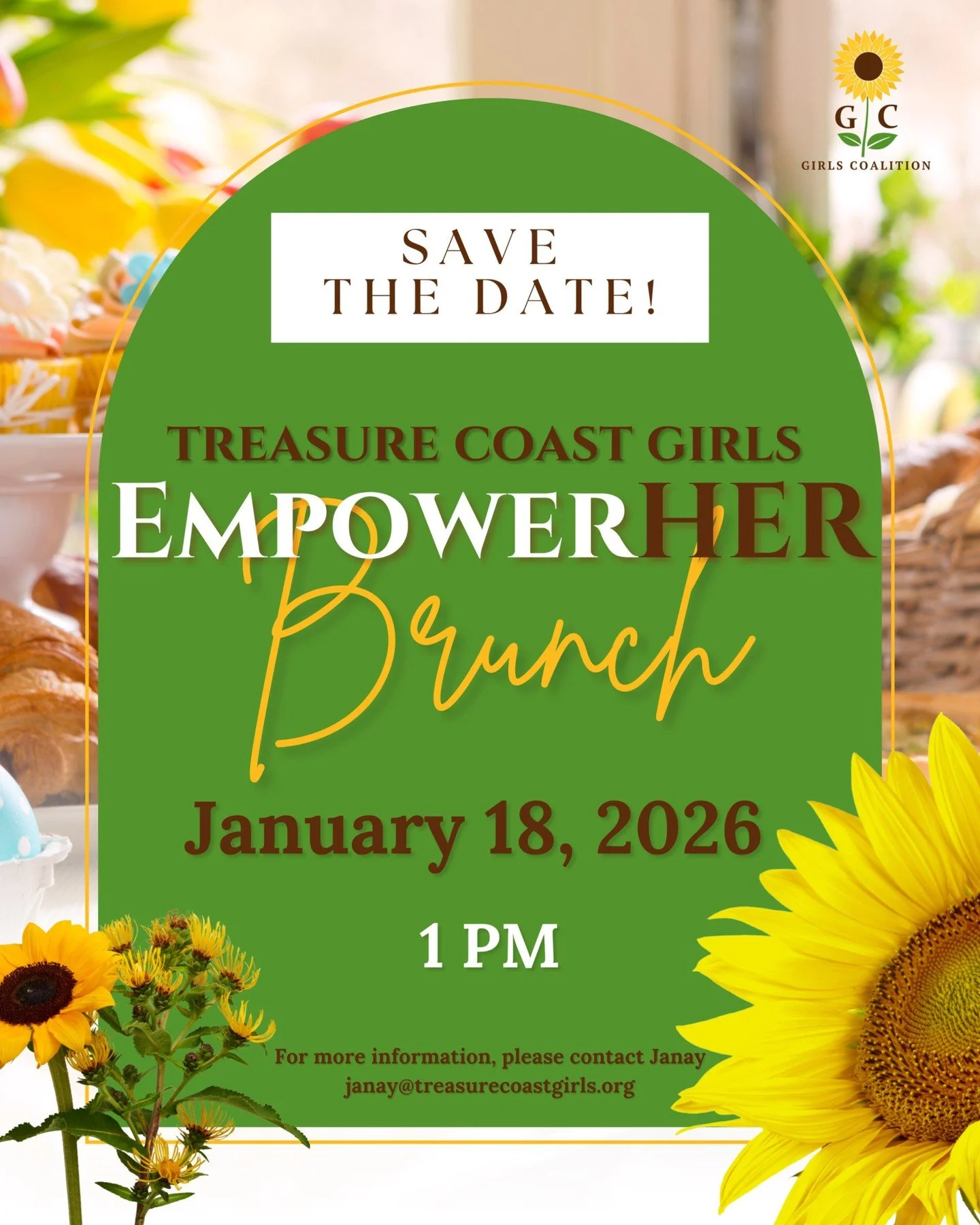📣 Save the Date! 🌻

The Treasure Coast Girls Coalition EmpowerHER Brunch is happening January 18, 2026 at the Vero Heritage Center! 🥂✨

This inspiring community event is open to both men and women and will feature a silent auction, uplifting conve