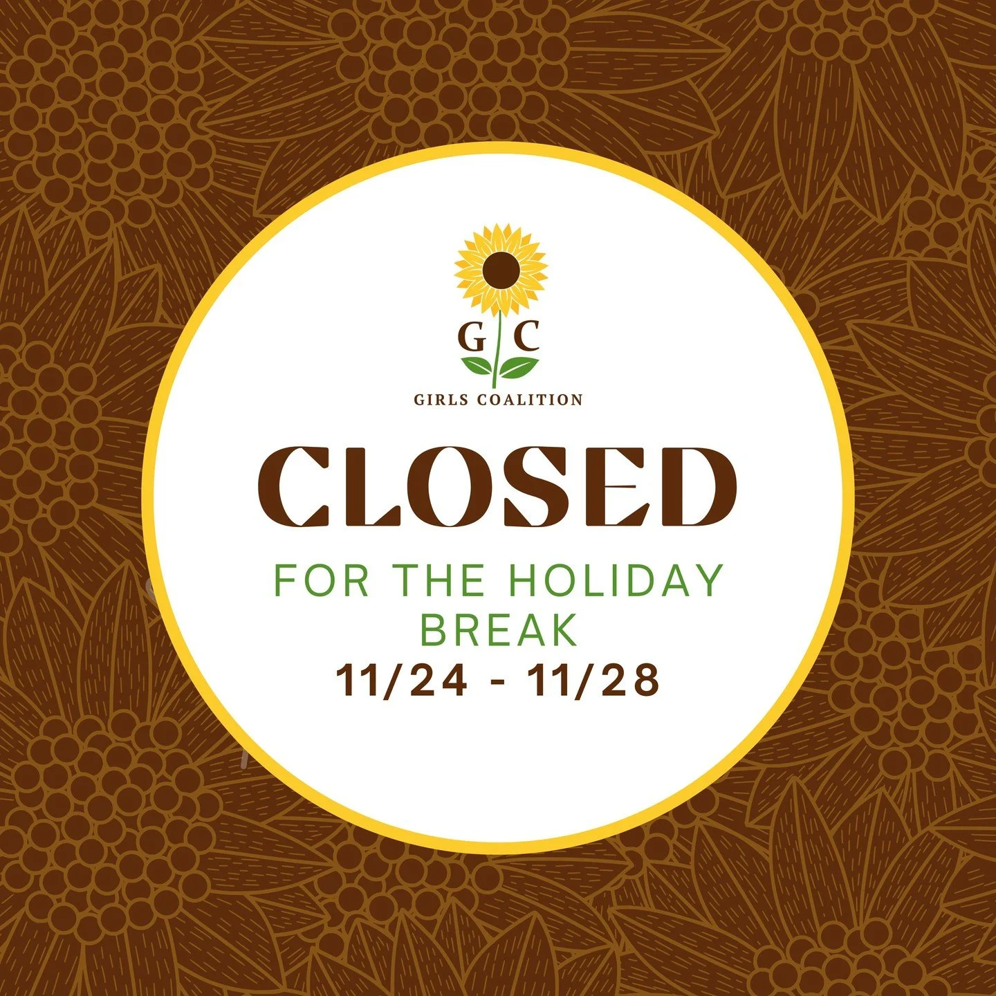 🦃✨ Thanksgiving Break Announcement ✨🦃

The Treasure Coast Girls Coalition will be closed from November 24th through November 28th for the Thanksgiving holiday. 🍂

If you need to reach us during this time, please email us at info@treasurecoastgirls