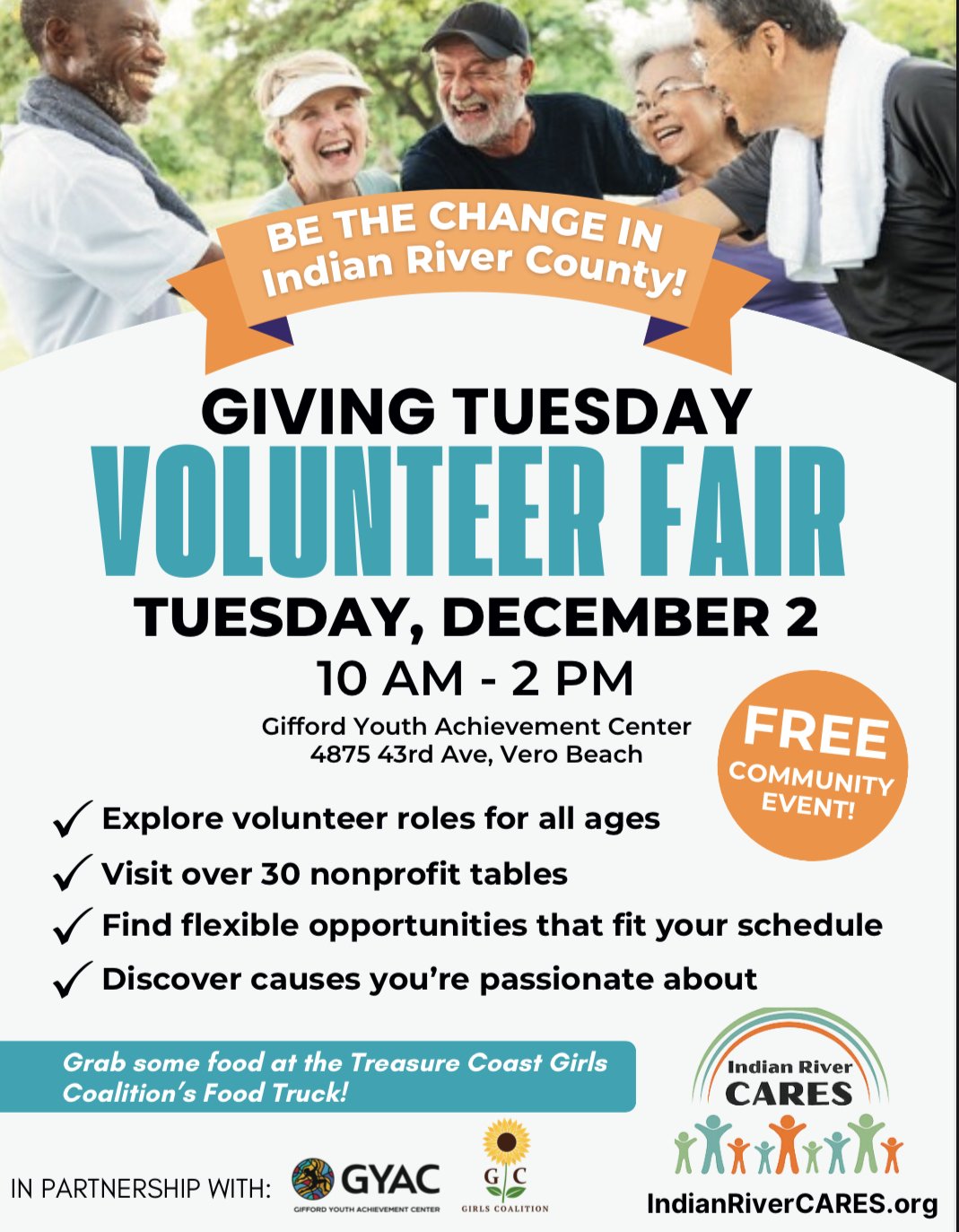 🌟 Join us on Giving Tuesday! 🌟

TCGC is excited to be part of the Indian River County Volunteer Fair at the Gifford Youth Achievement Center on Tuesday, December 2 from 10 AM &ndash; 2 PM! Come explore meaningful volunteer opportunities, connect wi