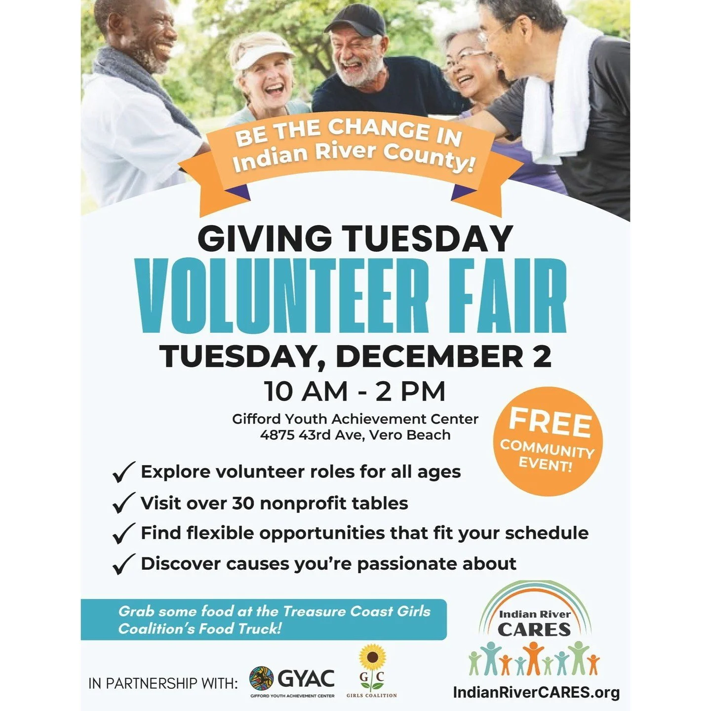 🌟 We&rsquo;re here at the Gifford Youth Achievement Center, so be sure to join us today! 🌟

TCGC is excited to be part of the Indian River County Volunteer Fair today, Tuesday, December 2, from 10 AM &ndash; 2 PM! We&rsquo;re here to connect with o