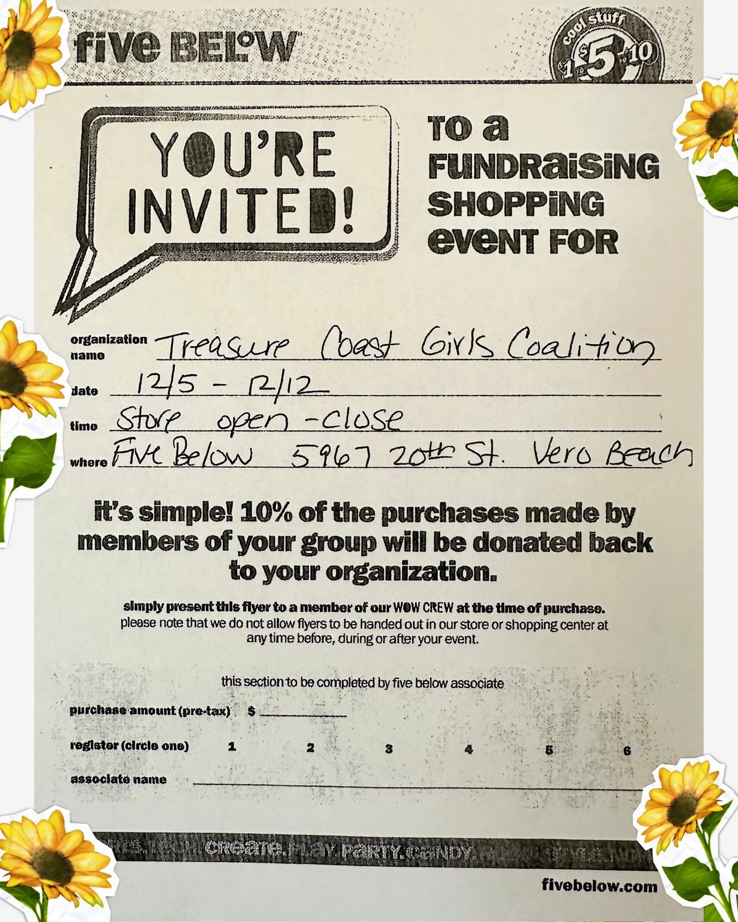 Friday is the last day! 🎄

Our Five Below Fundraiser ends Friday, December 12th!

When you shop, simply show this flyer at checkout to make sure a portion of your purchase supports the Treasure Coast Girls Coalition. Every share, every purchase, and