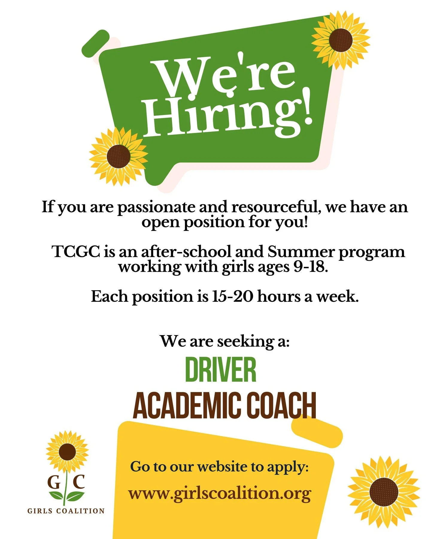 🌟 WE&rsquo;RE HIRING! JOIN THE TCGC TEAM 🌟

Treasure Coast Girls Coalition is looking for passionate, dependable individuals to join our team and support our girls!

We are currently hiring for the following contract positions (15&ndash;20 hours pe