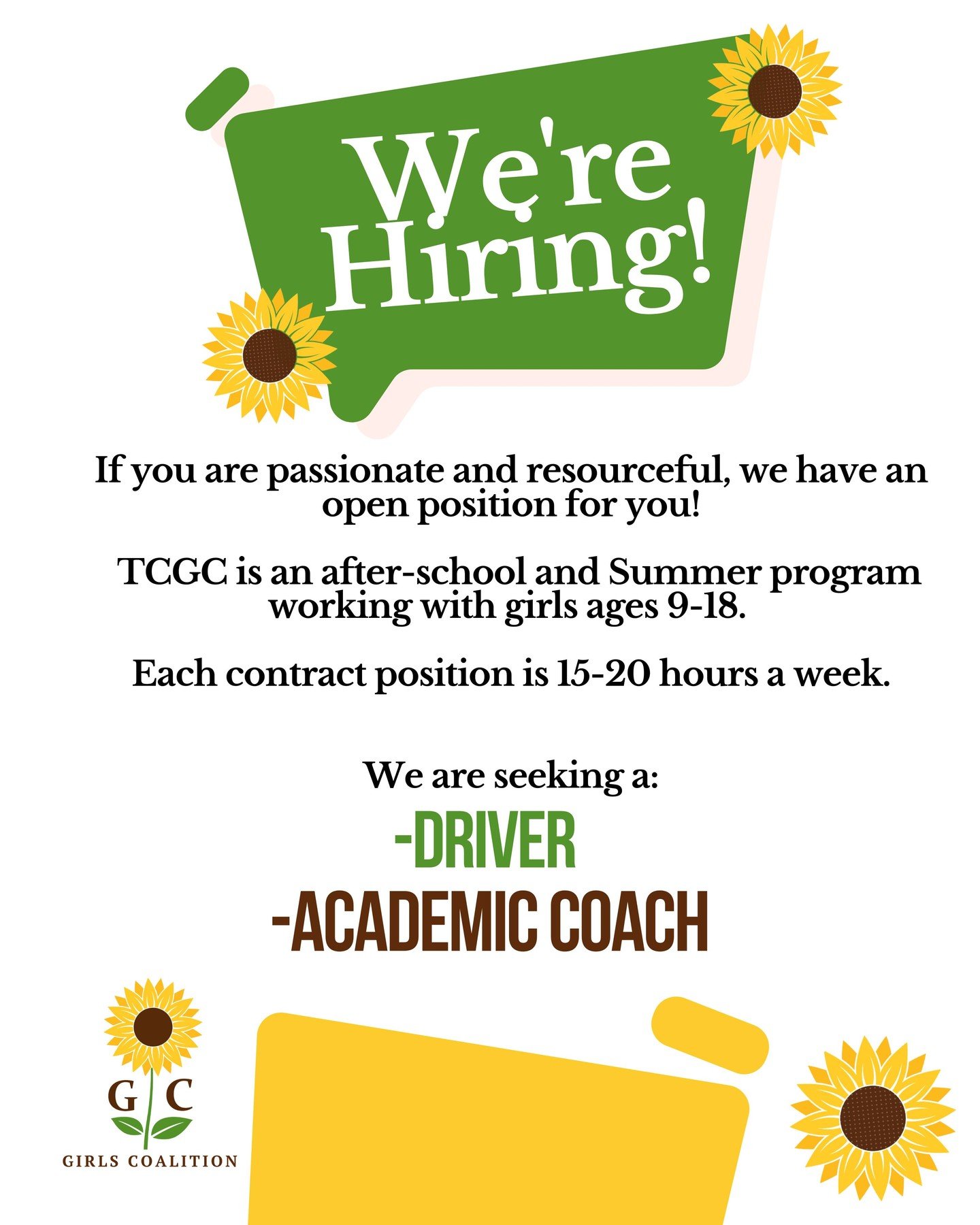 🚨 We&rsquo;re Hiring! 🚨

Treasure Coast Girls Coalition is looking for passionate team members to join us in making a difference for local youth! We currently have openings for:
Academic Coach 📚
Driver 🚐

If you&rsquo;re ready to empower the next