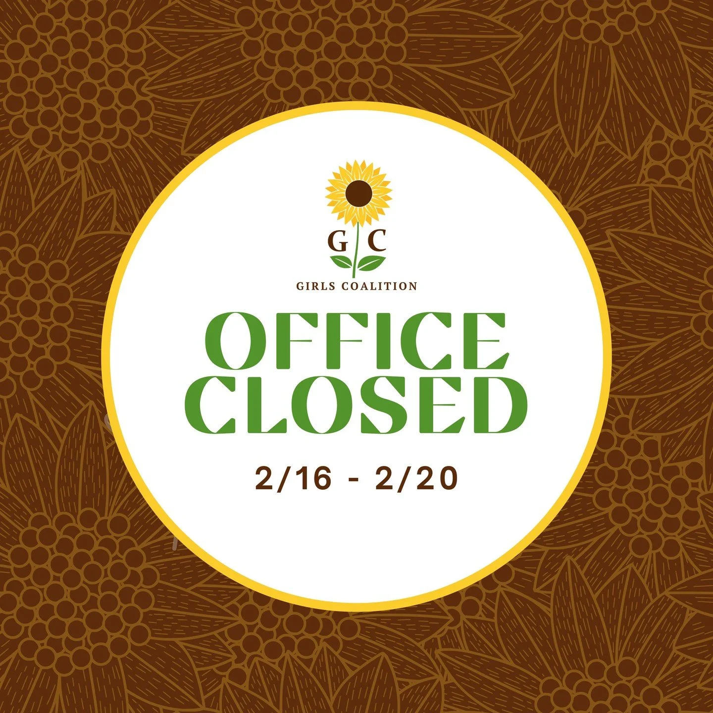 📣 TCGC Office Closure Notice 📣

Dear TCGC Parents &amp; Visitors,
Please note that the TCGC office will be closed the week of February 16th in observance of Presidents Day, as well as the remainder of that week. We will resume normal business hours