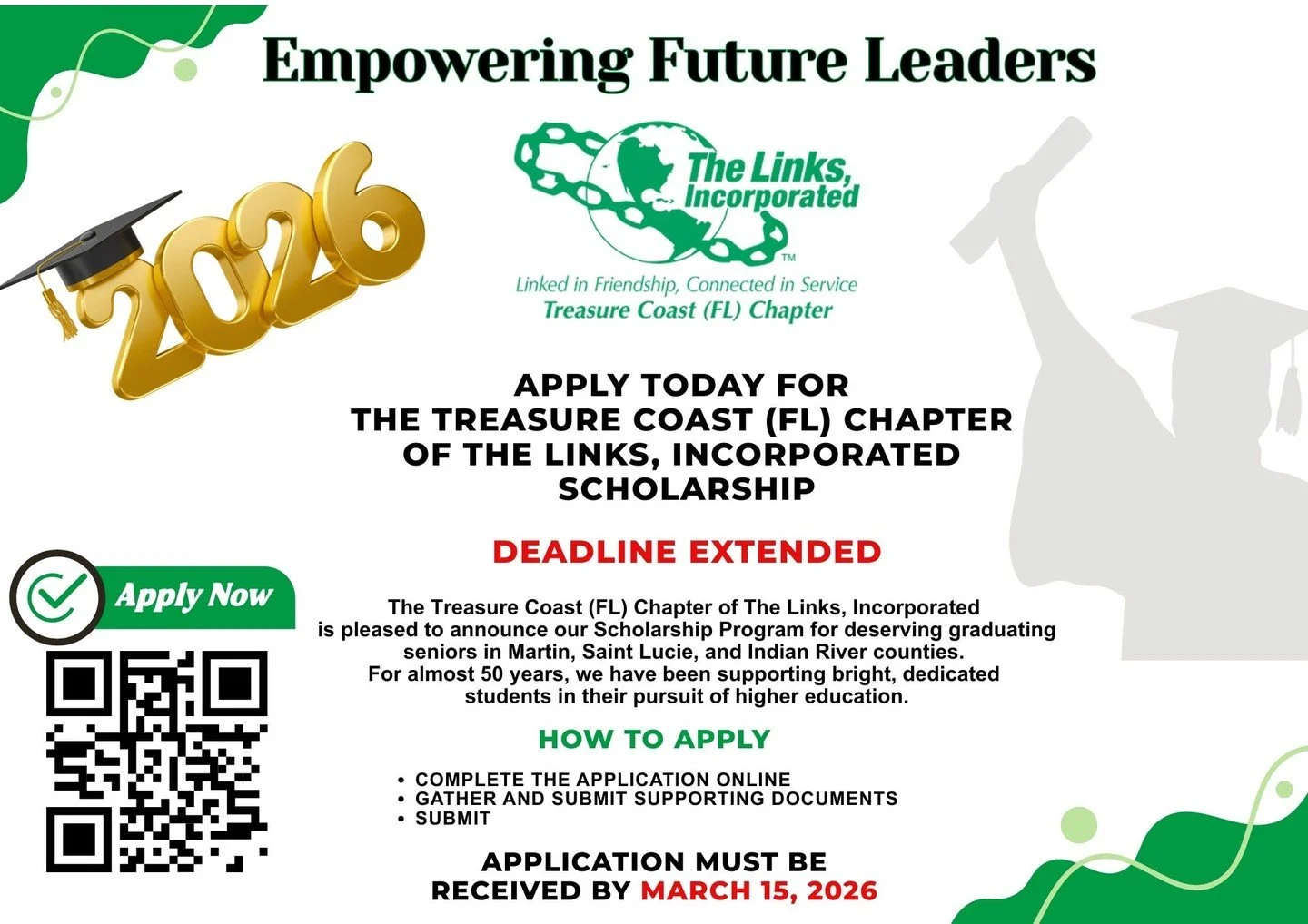 The Treasure Coast (FL) Chapter of The Links, Incorporated proudly announces its 2026 Scholarship Program, having provided scholarships to exceptional graduating seniors in Martin, Saint Lucie, and Indian River counties for over 49 years. 

Prospecti