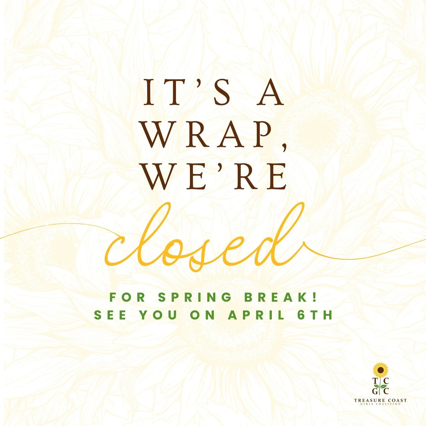 🌸 Spring Break Notice 🌸

TCGC Afterschool Camp will be closed for Spring Break! We hope all of our girls and families enjoy a safe, fun, and well-deserved break. 💖

We can&rsquo;t wait to welcome everyone back on the first day of school, April 6th